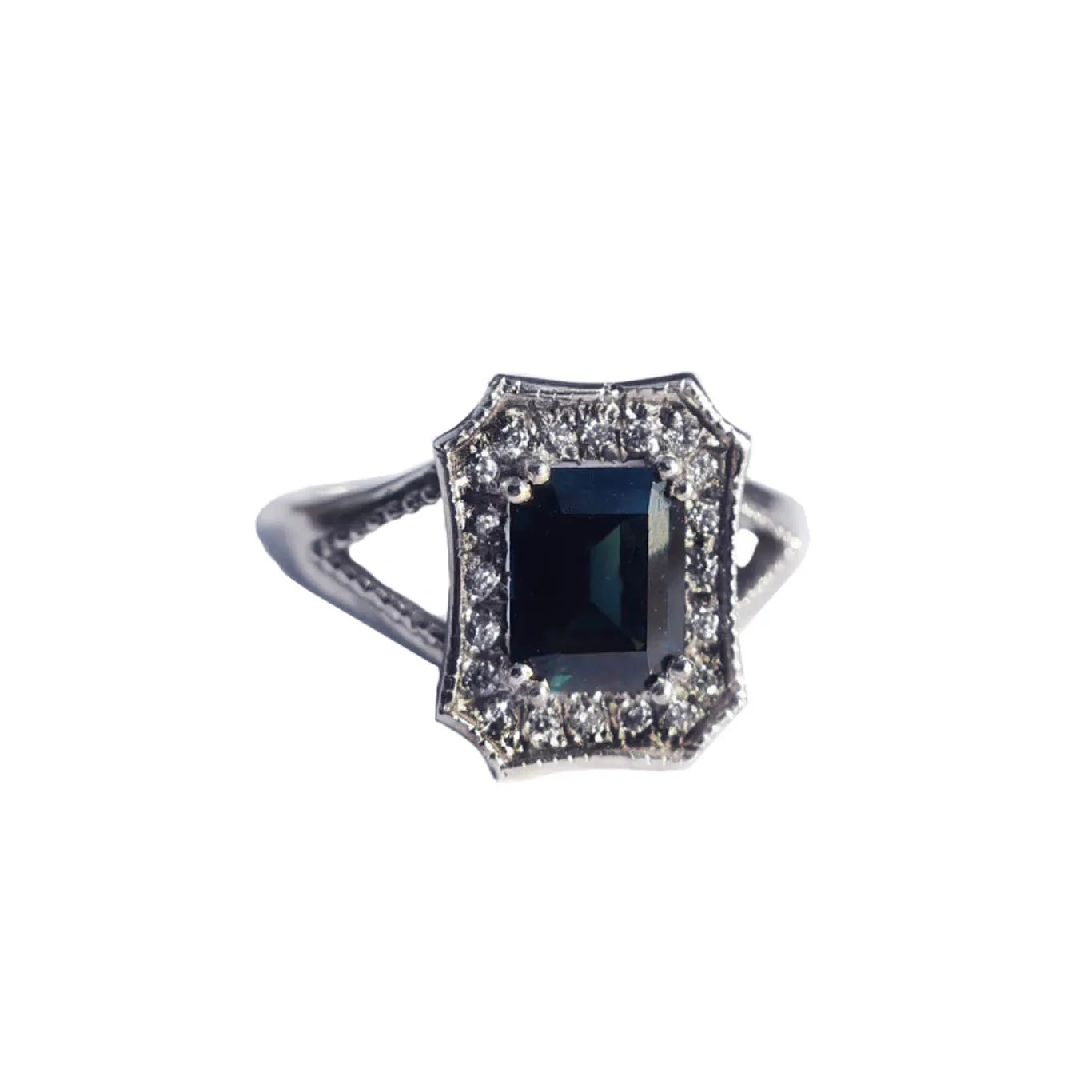 Blue Emerald Cut Sapphire 18 Karat White Gold Diamond Ring