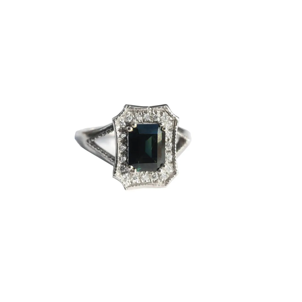 Blue Emerald Cut Sapphire 18 Karat White Gold Diamond Ring