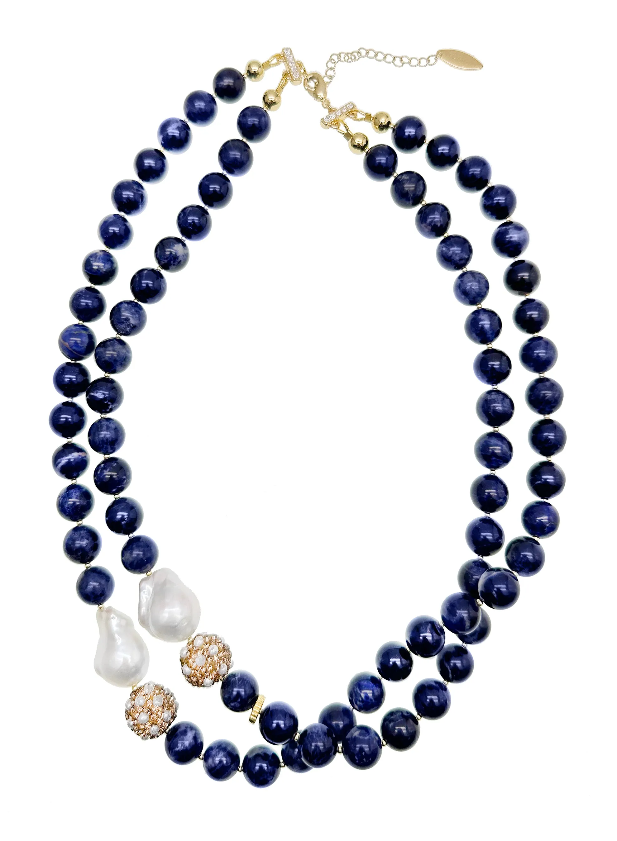 Blue Sodalite With Baroque Pearl And Rhinestones Double Strands Necklace KN019