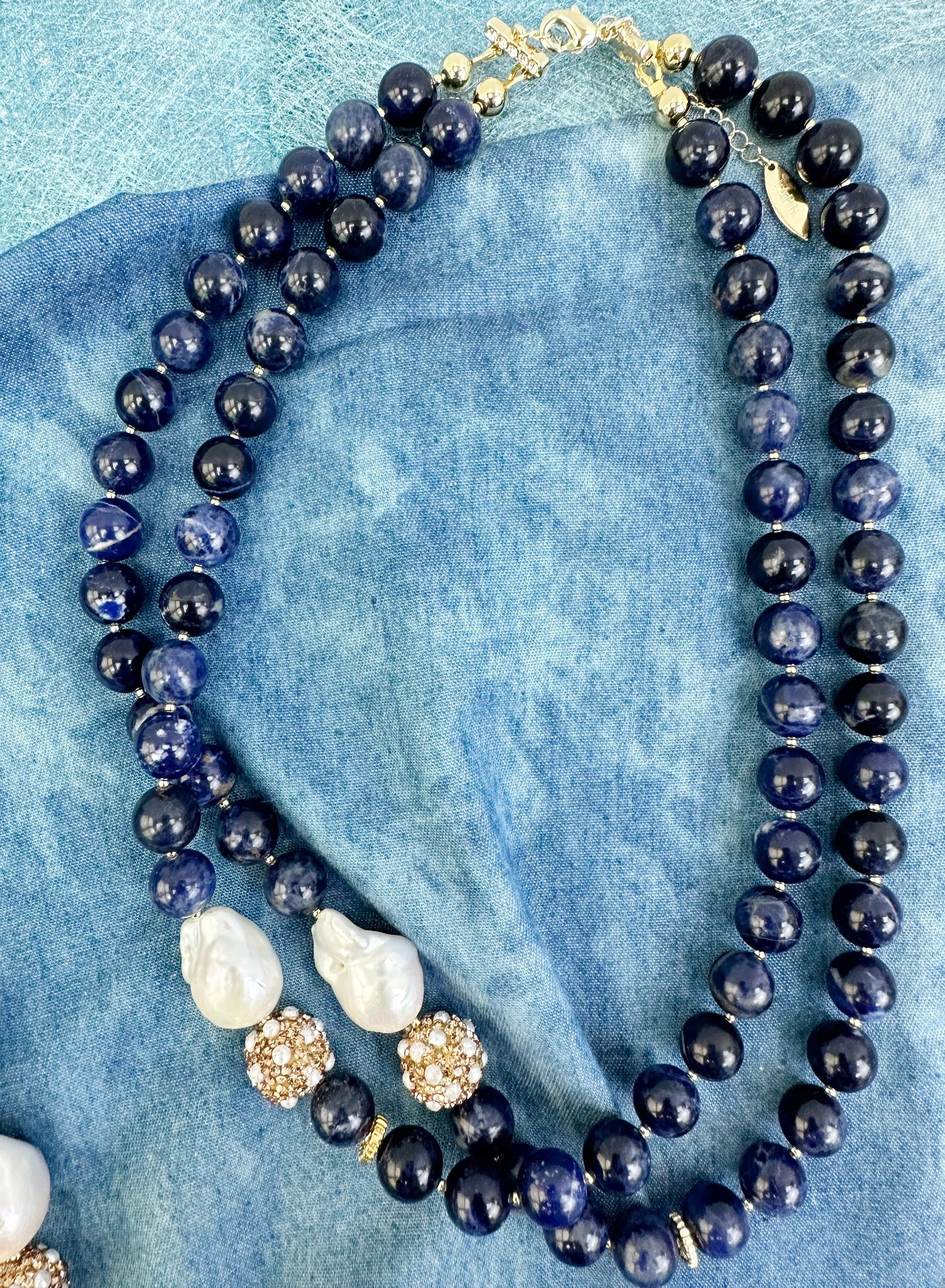 Blue Sodalite With Baroque Pearl And Rhinestones Double Strands Necklace KN019