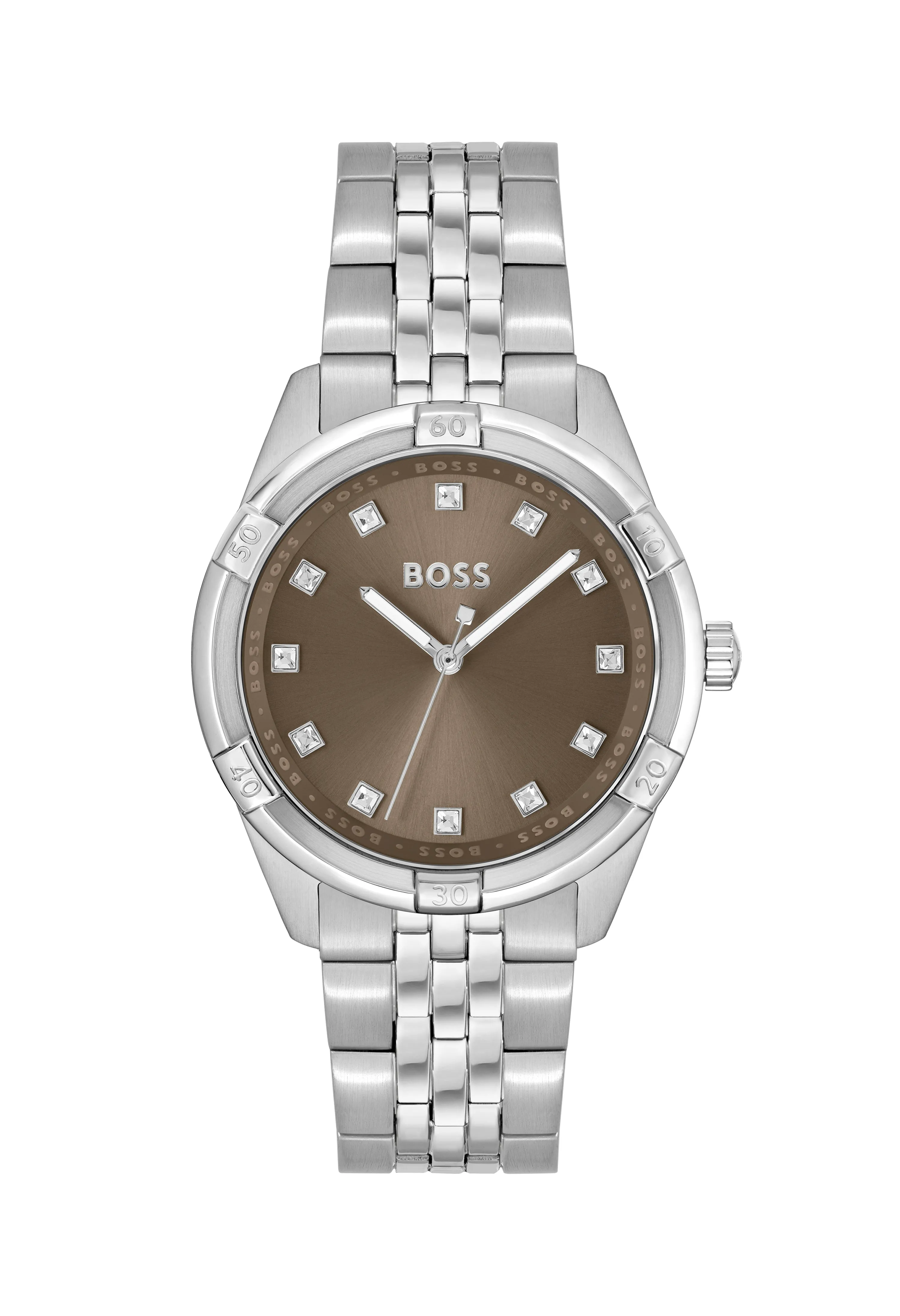 BOSS Ladies Rhea Khaki Crystal Set Dial Stainless Steel Bracelet Watch