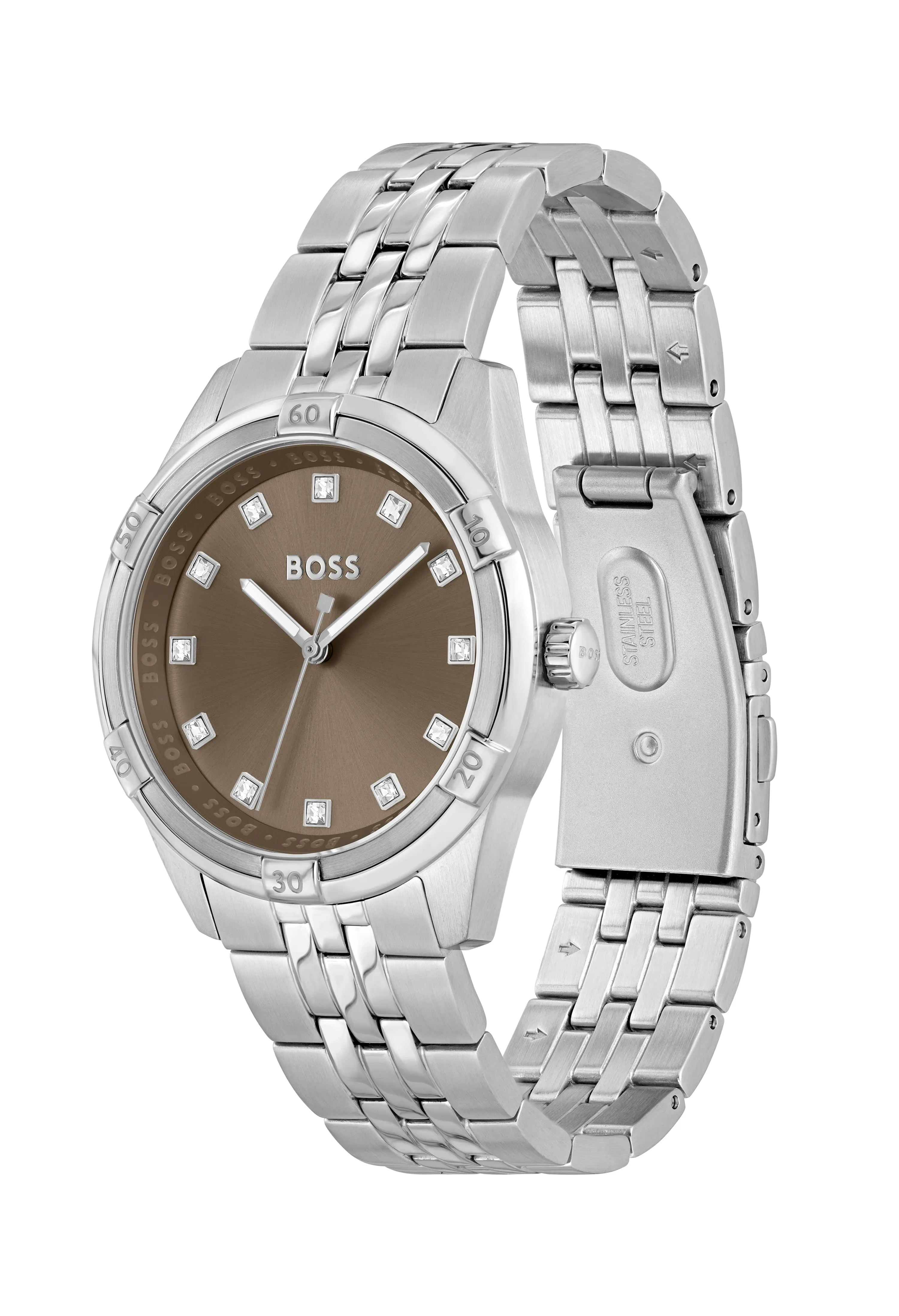 BOSS Ladies Rhea Khaki Crystal Set Dial Stainless Steel Bracelet Watch