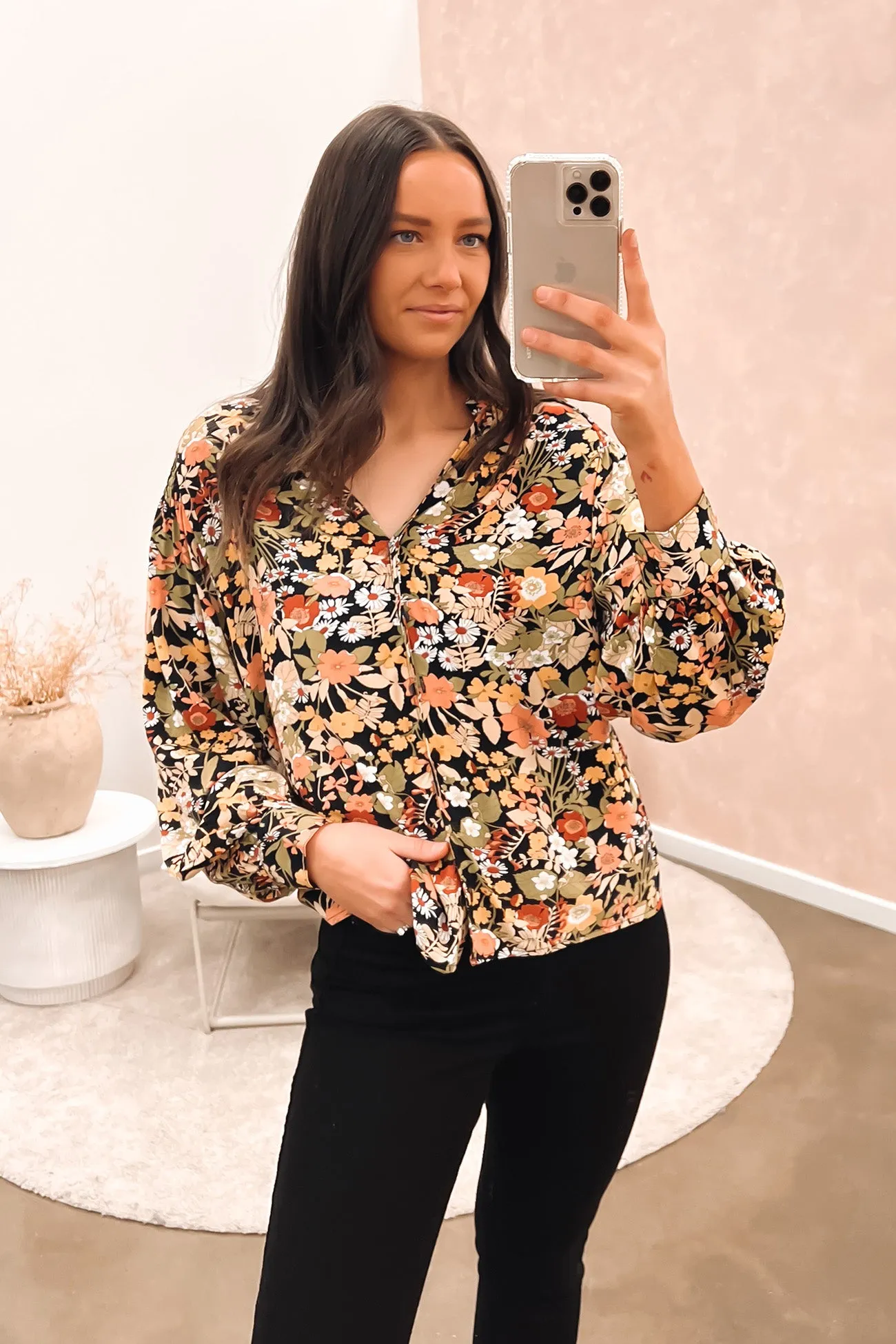 Brigitte Shirred Shoulder Top Winter Floral