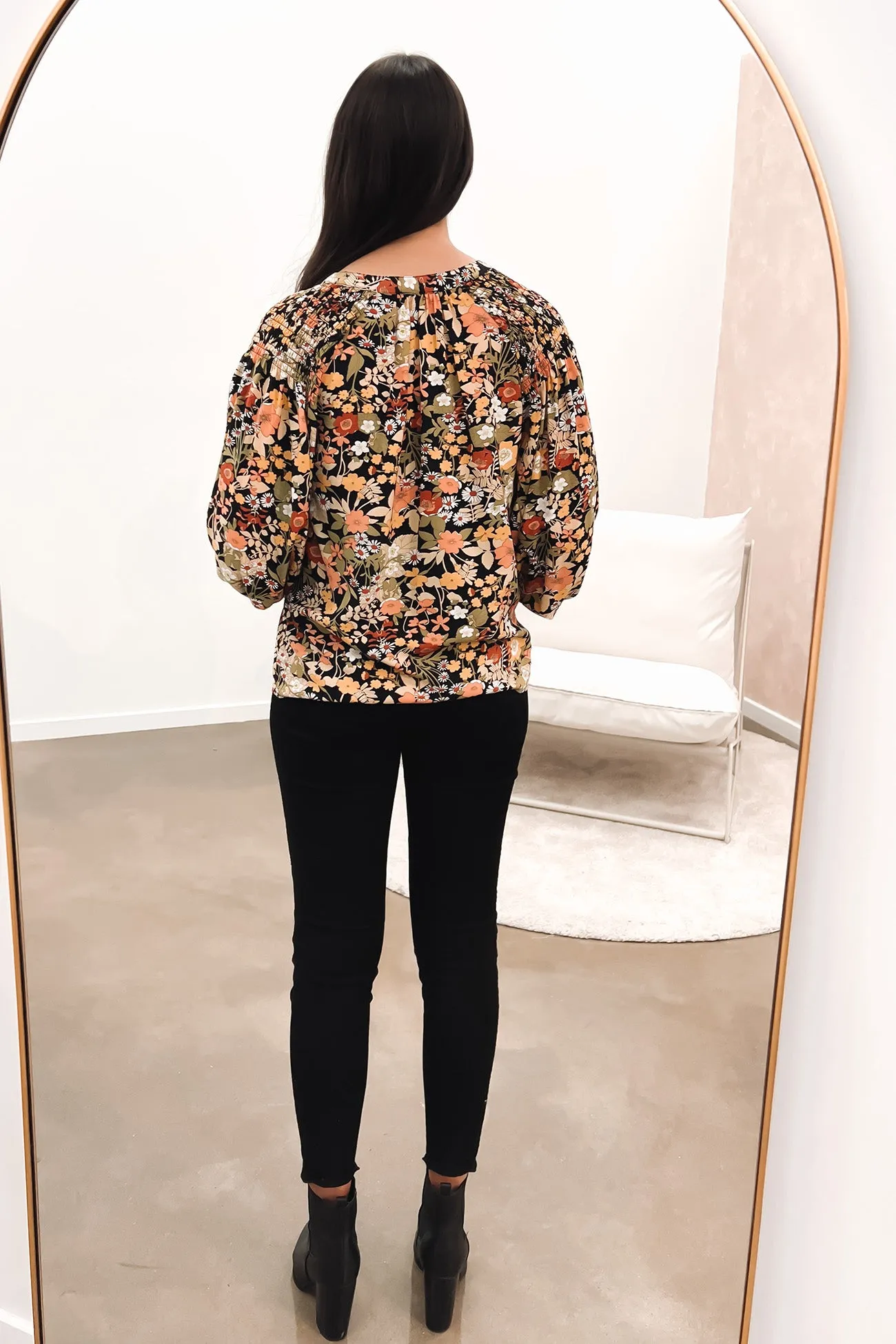 Brigitte Shirred Shoulder Top Winter Floral