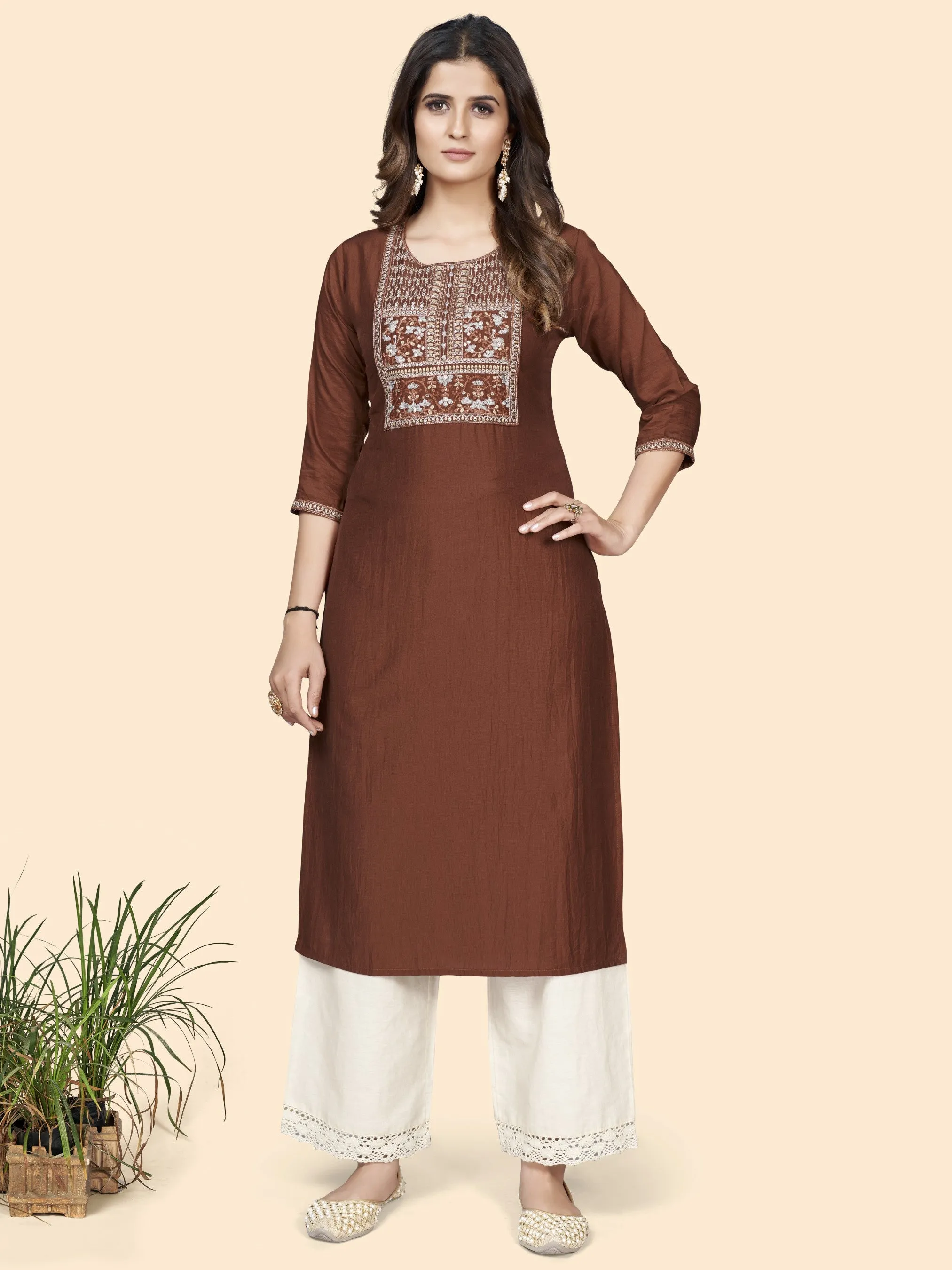 Brown Chinon Straight Kurti