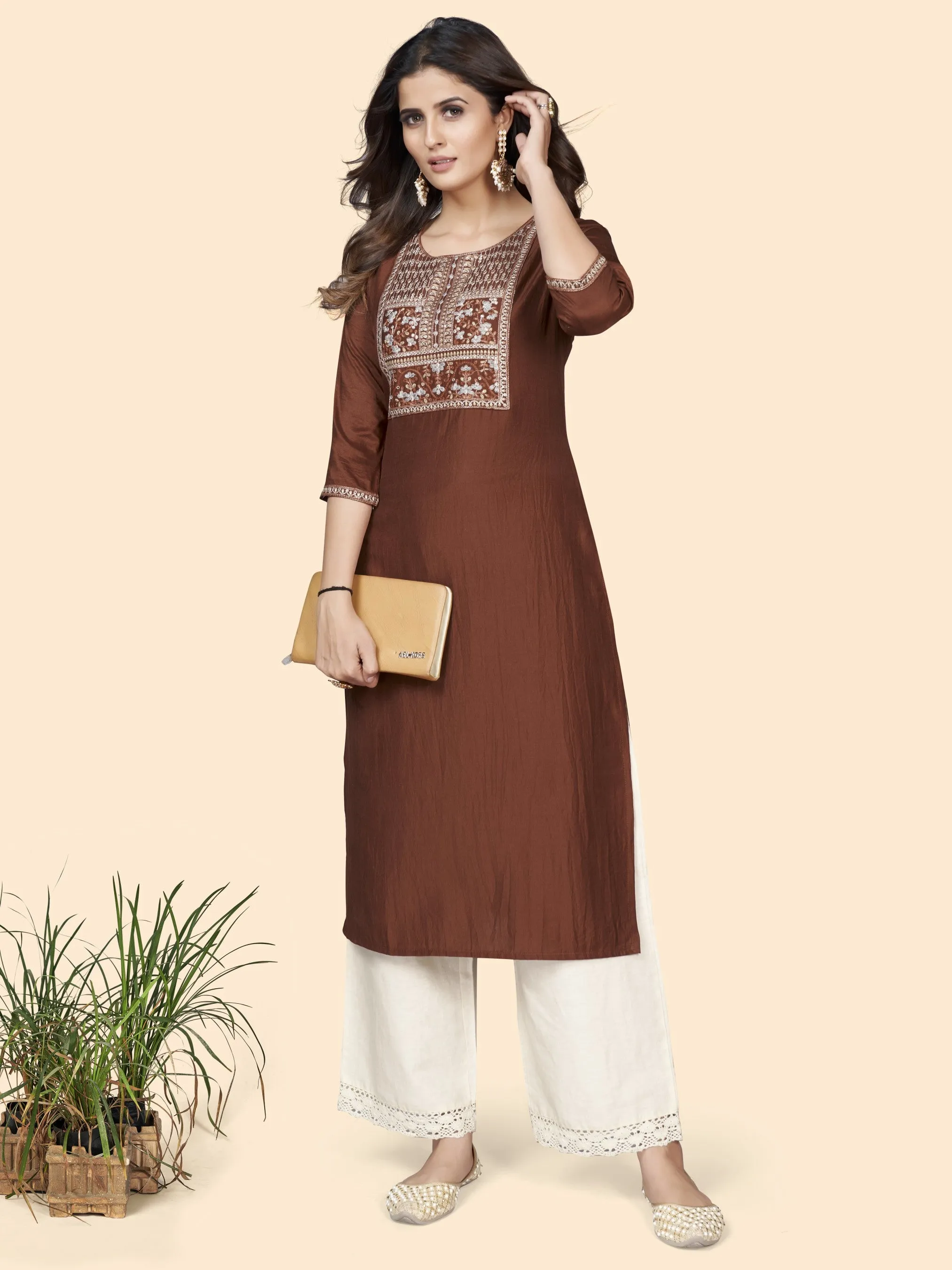 Brown Chinon Straight Kurti