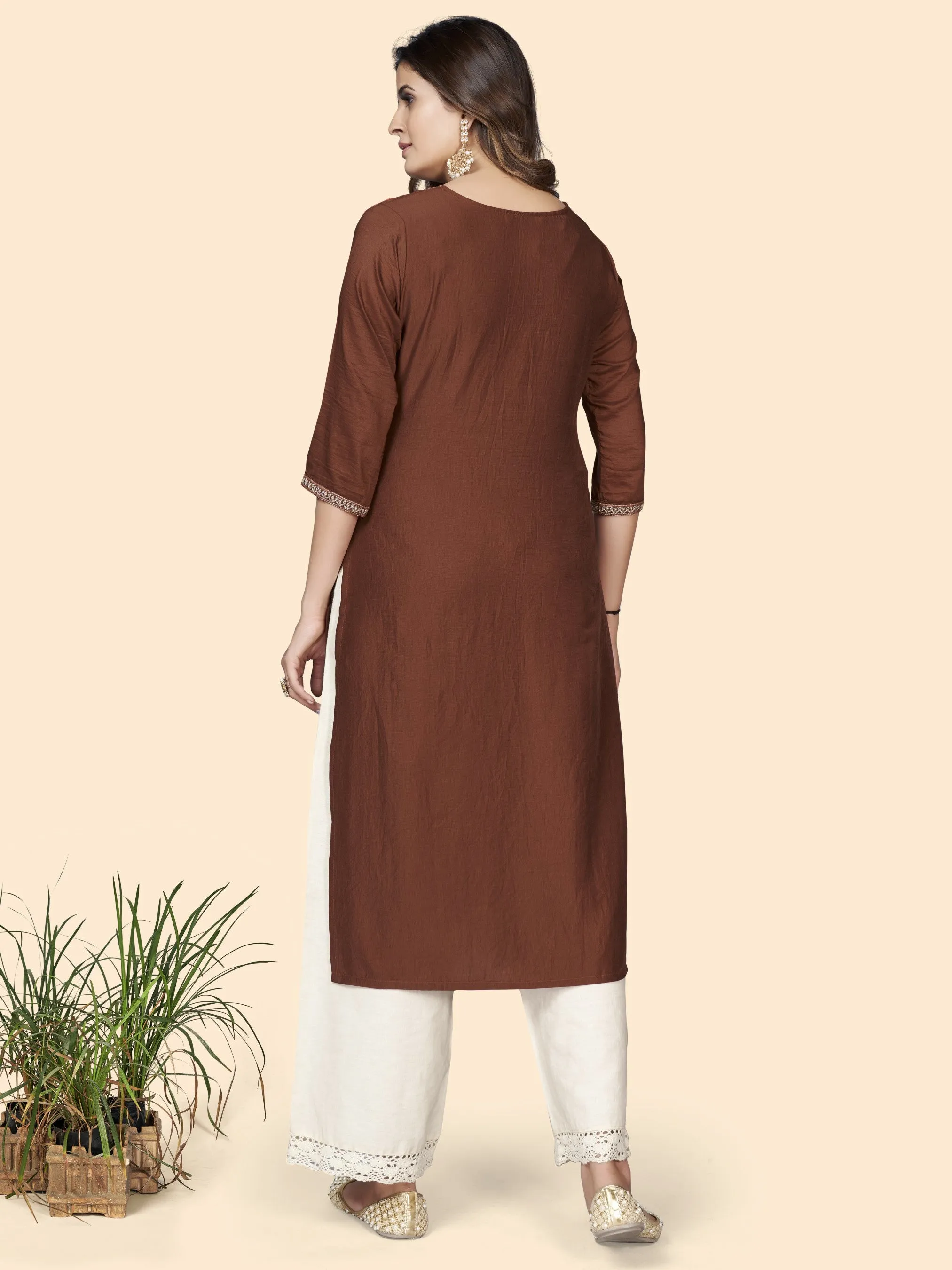 Brown Chinon Straight Kurti