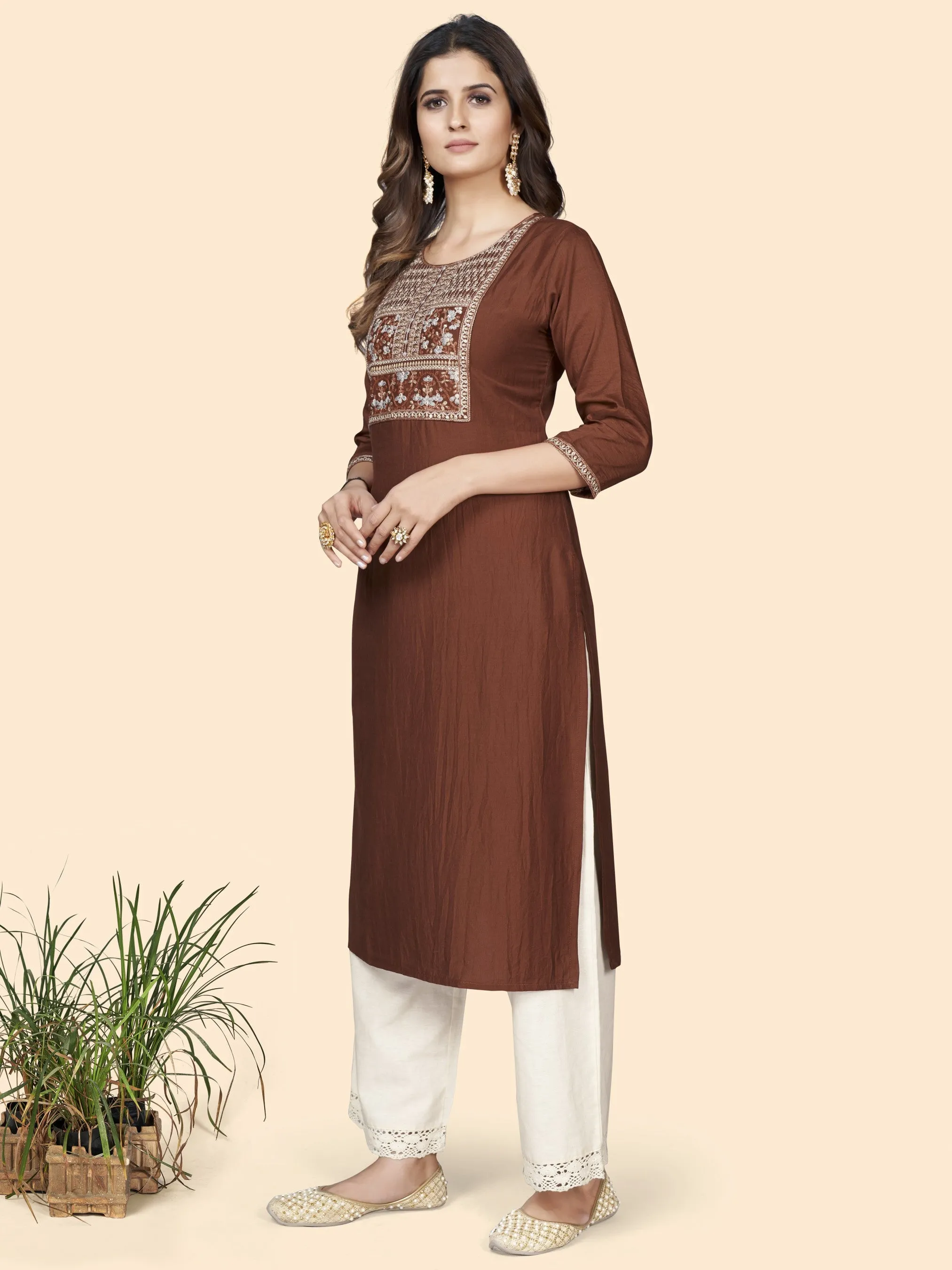 Brown Chinon Straight Kurti