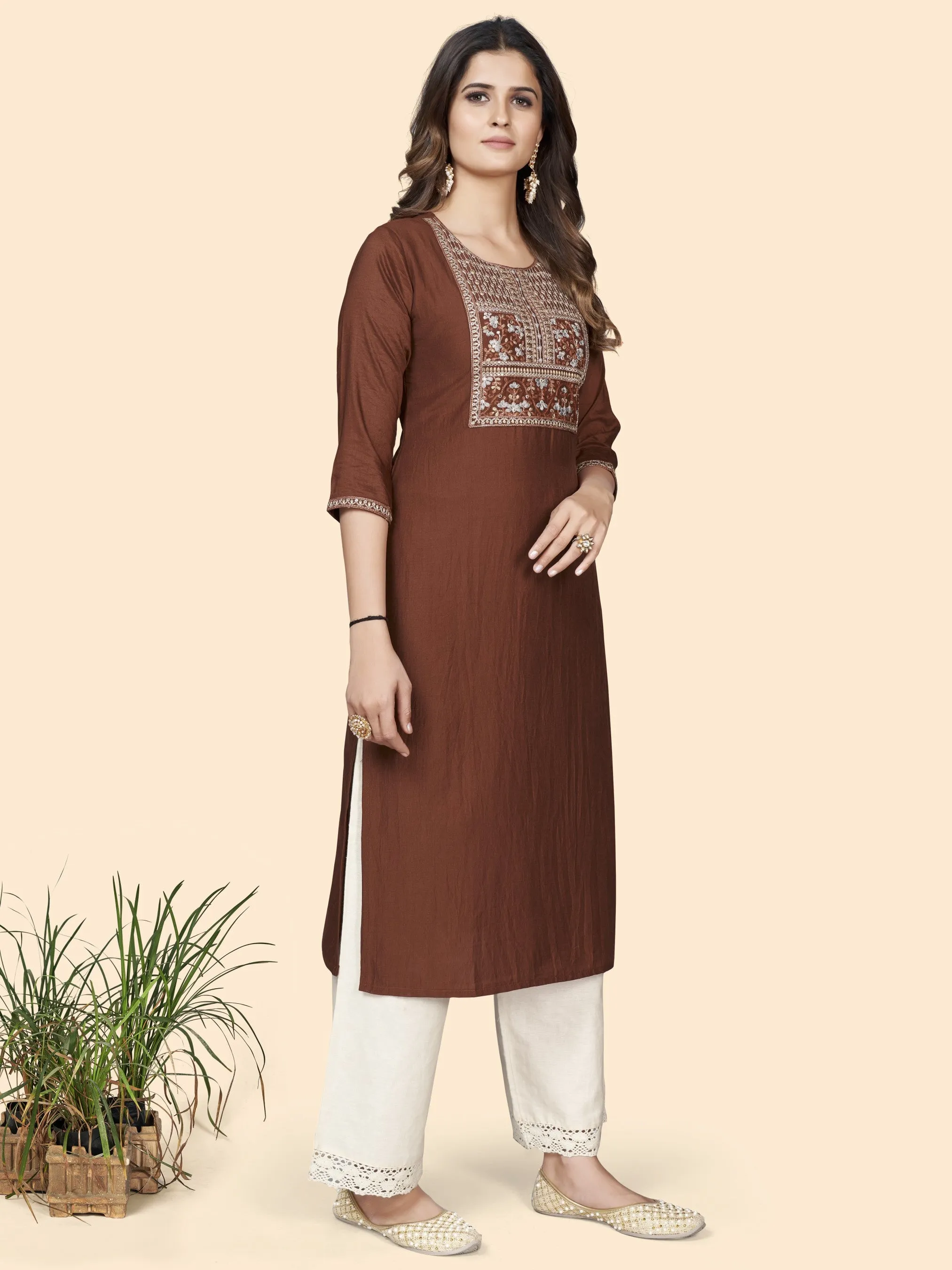 Brown Chinon Straight Kurti