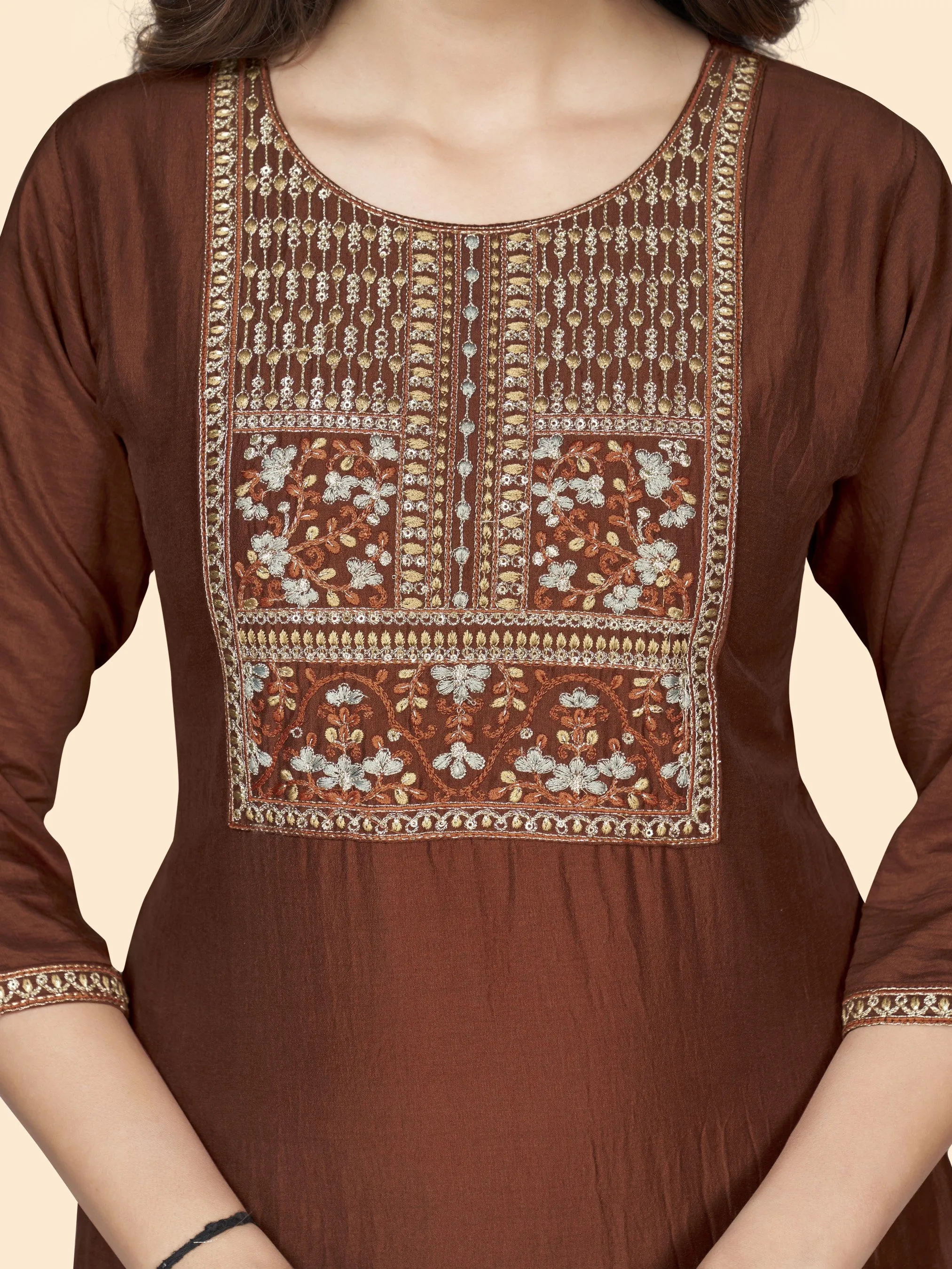 Brown Chinon Straight Kurti