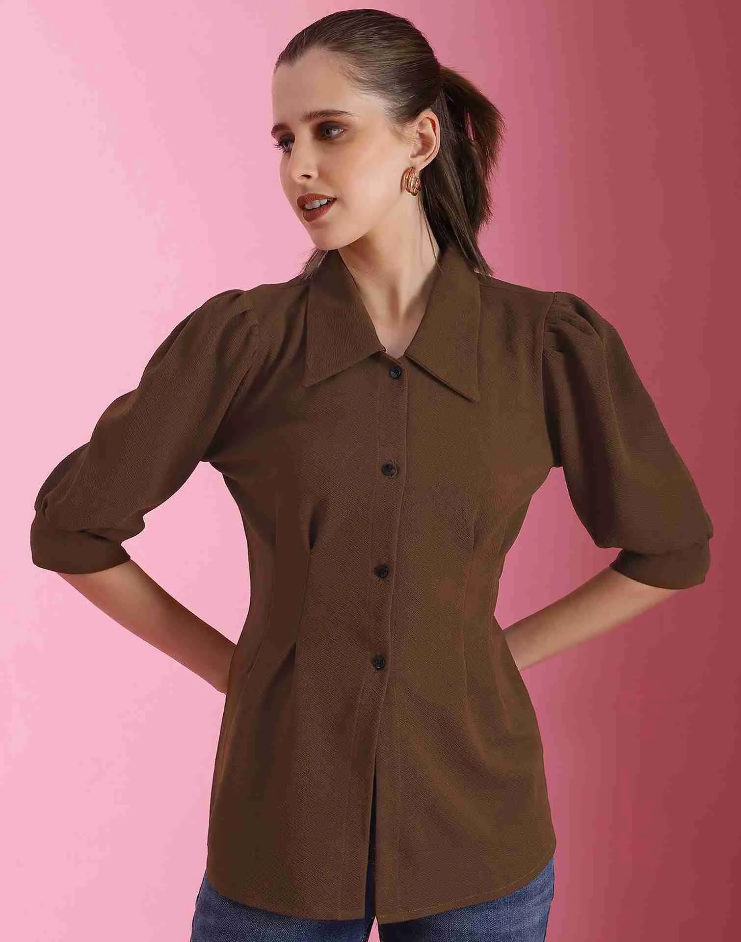 Brown Lycra Plain Shirt