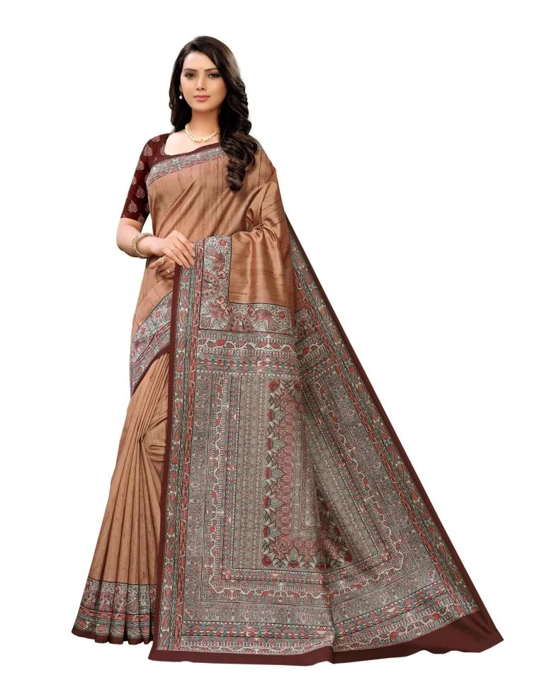 Brown  Printed Silk Saree