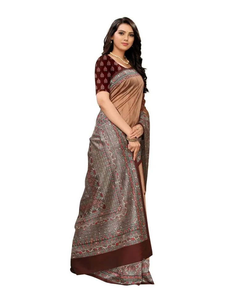 Brown  Printed Silk Saree