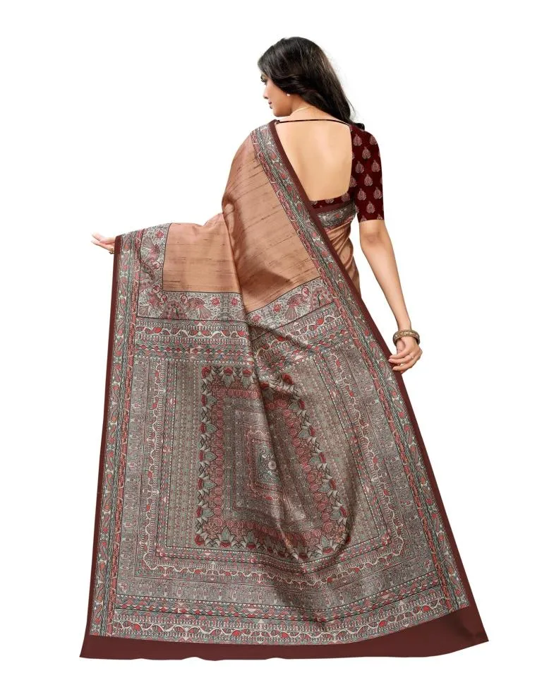 Brown  Printed Silk Saree