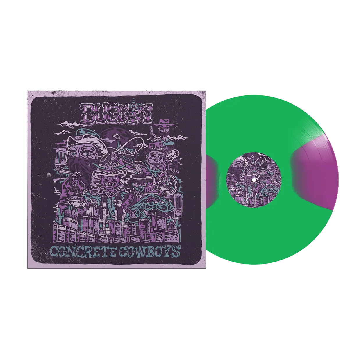 BUGGIN ‘CONCRETE COWBOWS’ LP (Limited Edition – Only 100 made, Transparent Green & Neon Violet Moon Phase Vinyl)