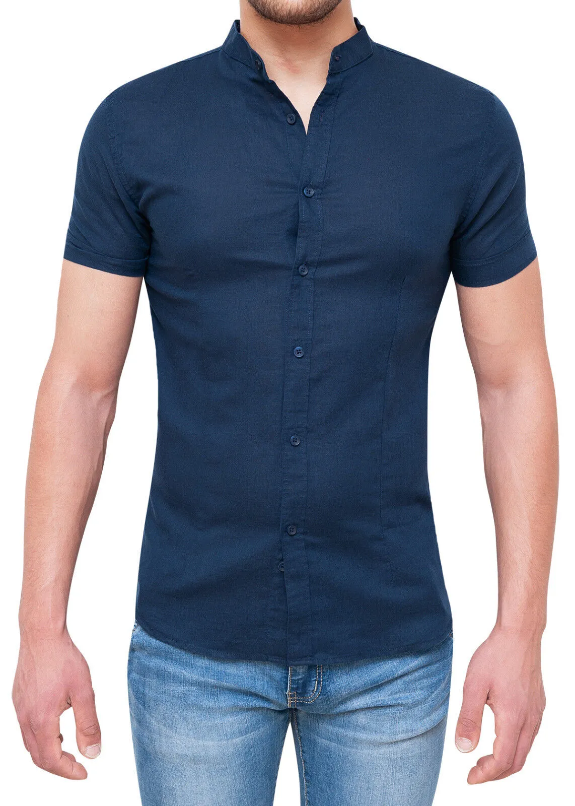 CAMICIA DI LINO UOMO MANICHE CORTE BLU SCURO SLIM FIT CON COLLETTO ALLA COREANA