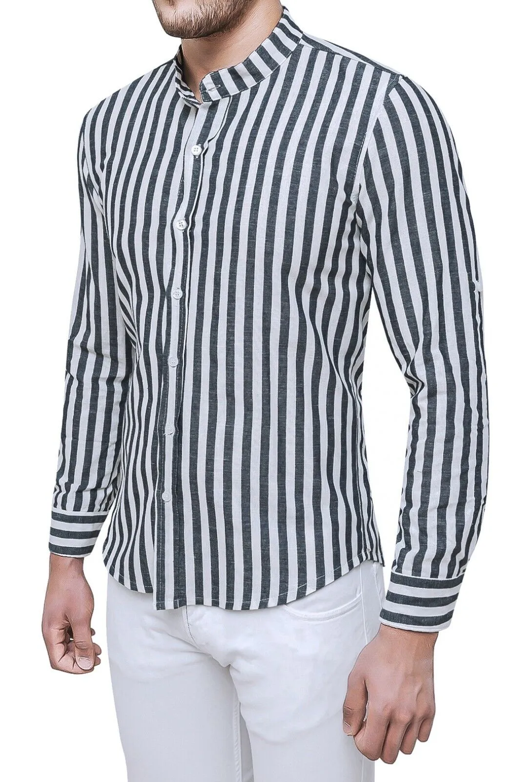 Camicia in Lino uomo estiva nero bianco a righe Slim Fit