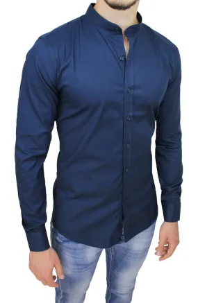 CAMICIA UOMO SARTORIALE BLU SLIM FIT ADERENTE COLLO COREANA taglia S M L XL XXL