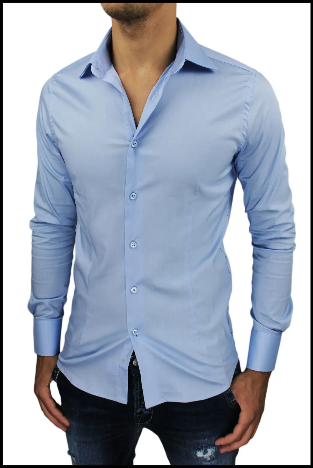 CAMICIA UOMO SLIM FIT ADERENTE CELESTE IN COTONE taglia S M L XL XXL XXXL XXXXL