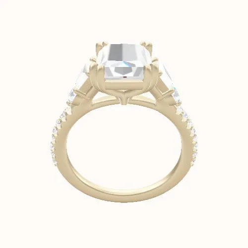 Cathedral Diamond Band with Trapezoid & Round Sidestones Engagement Ring With Double Prongs Head