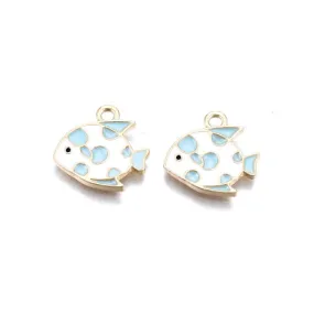 Charms, Fish, Single-Sided, Blue, Enameled, Gold Plated, Alloy, 15mm