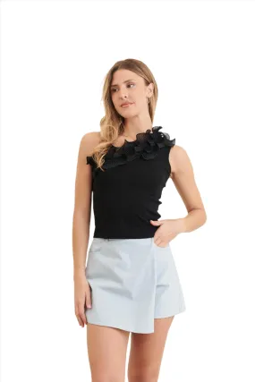 Clever Alice Ruffle Shoulder Tank in Black