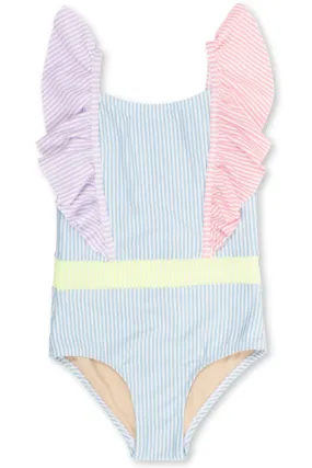 Colorblock seersucker ruffle shoulder swimsuit