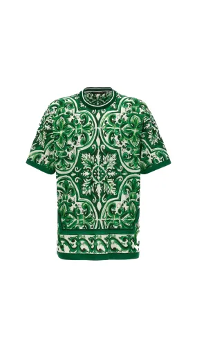 Cotton T-shirt With Majolica Print - Green \ White