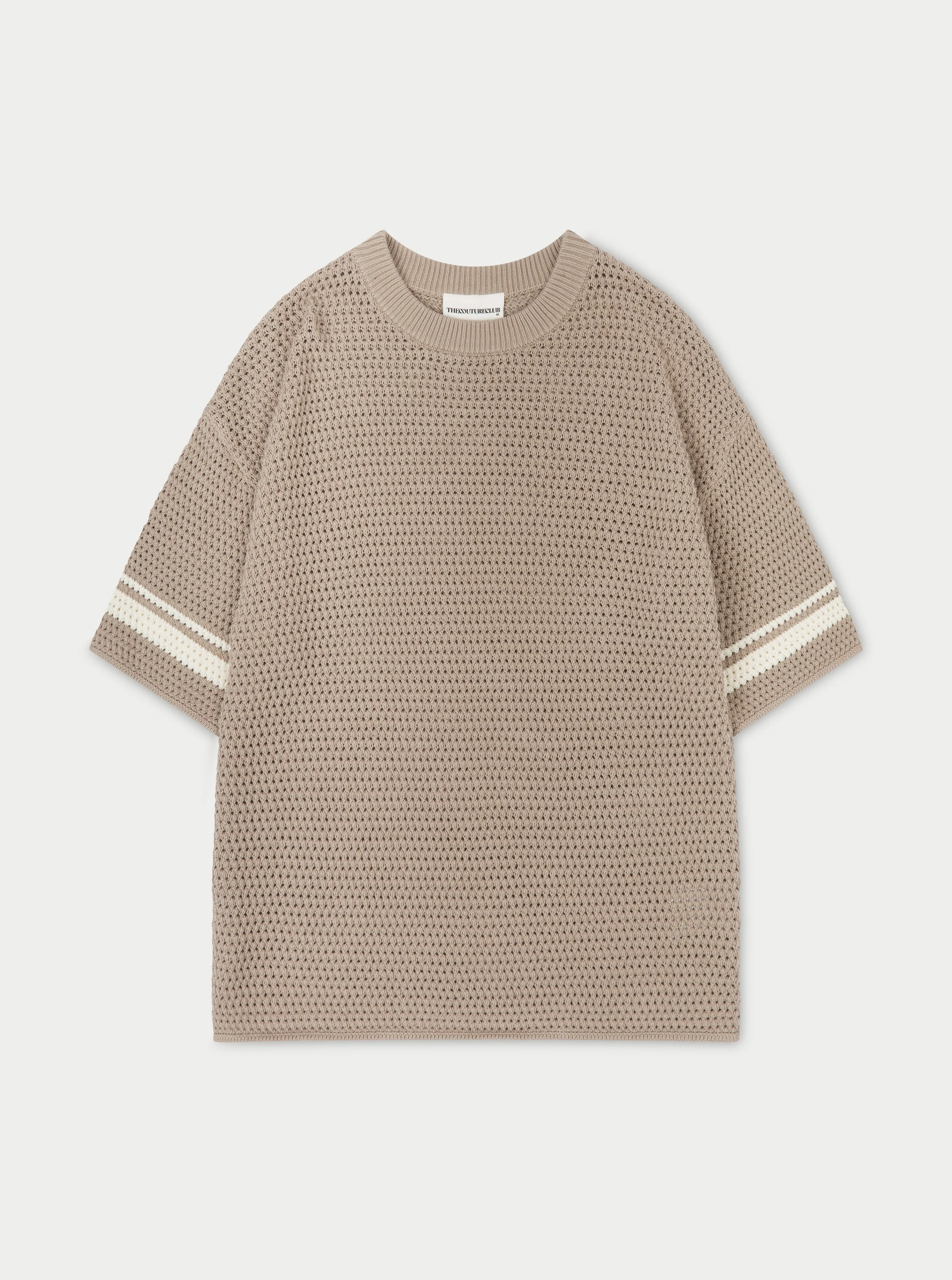 CROCHET KNITTED CONTRAST STRIPE T-SHIRT - BROWN