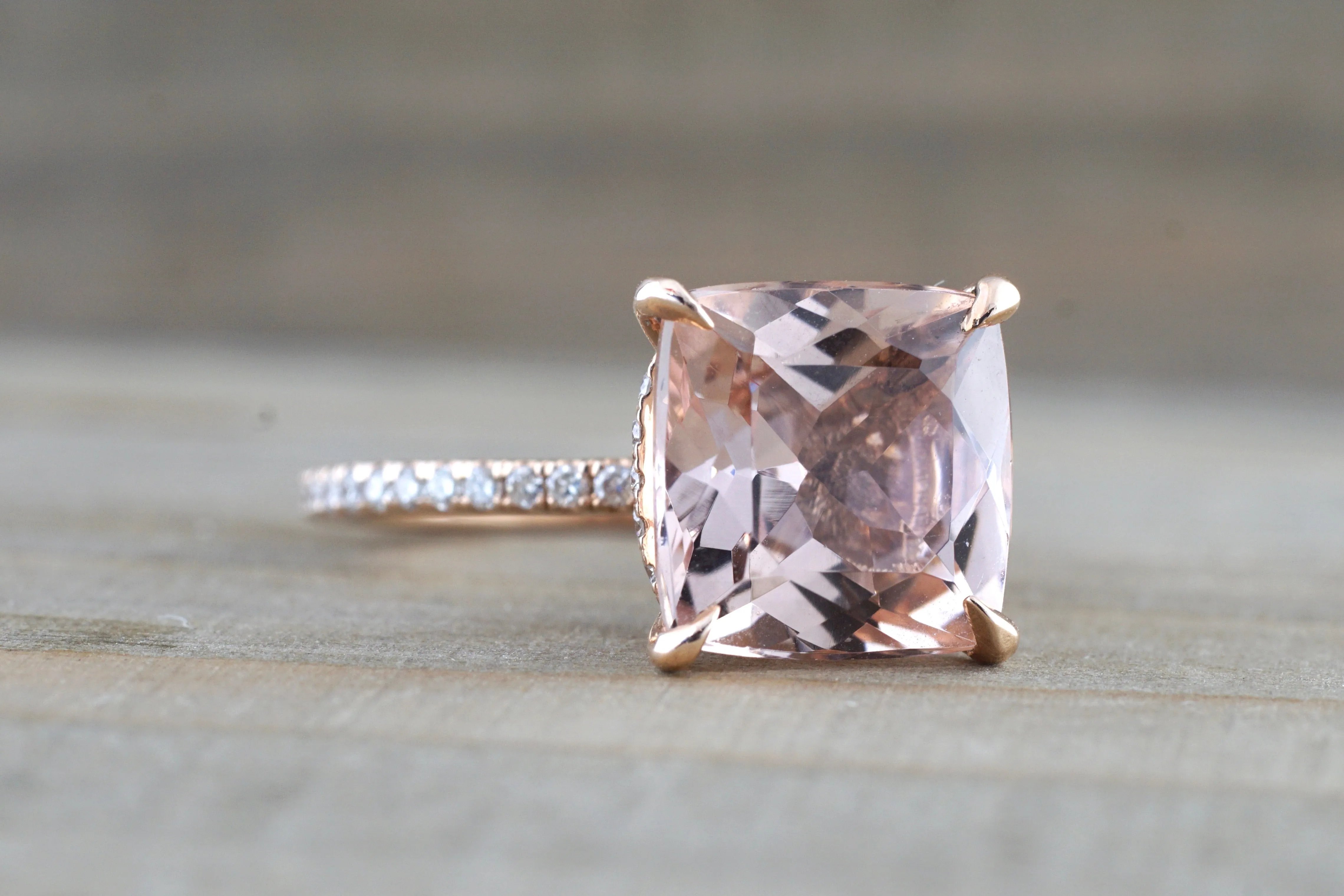 Cushion Morganite Double Underhalo Diamond Ring 10x10mm M3092