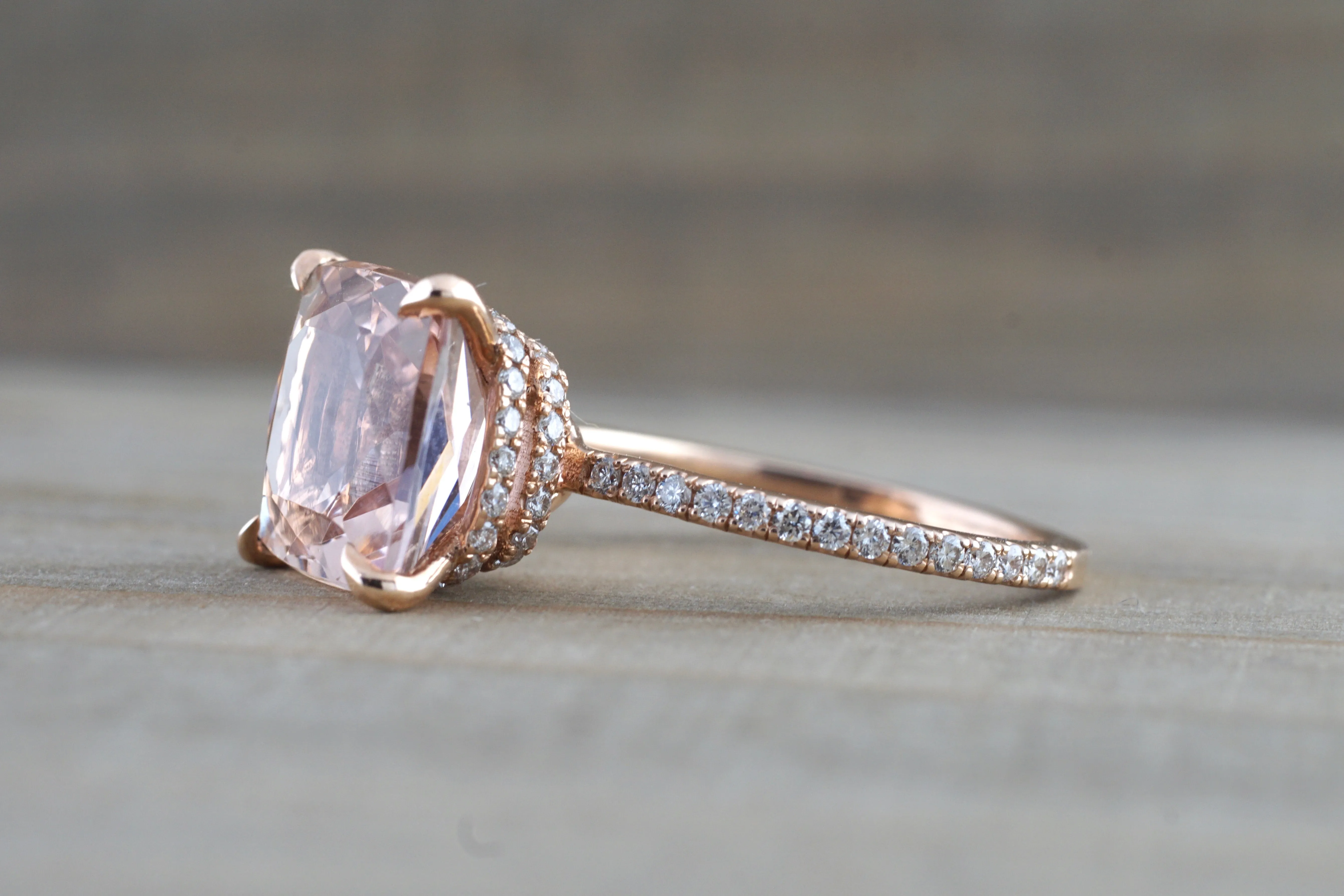 Cushion Morganite Double Underhalo Diamond Ring 10x10mm M3092