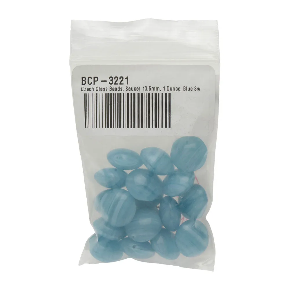 Czech Glass Beads, Puff Coin 13.5mm, Blue Swirl (1 Ounce)