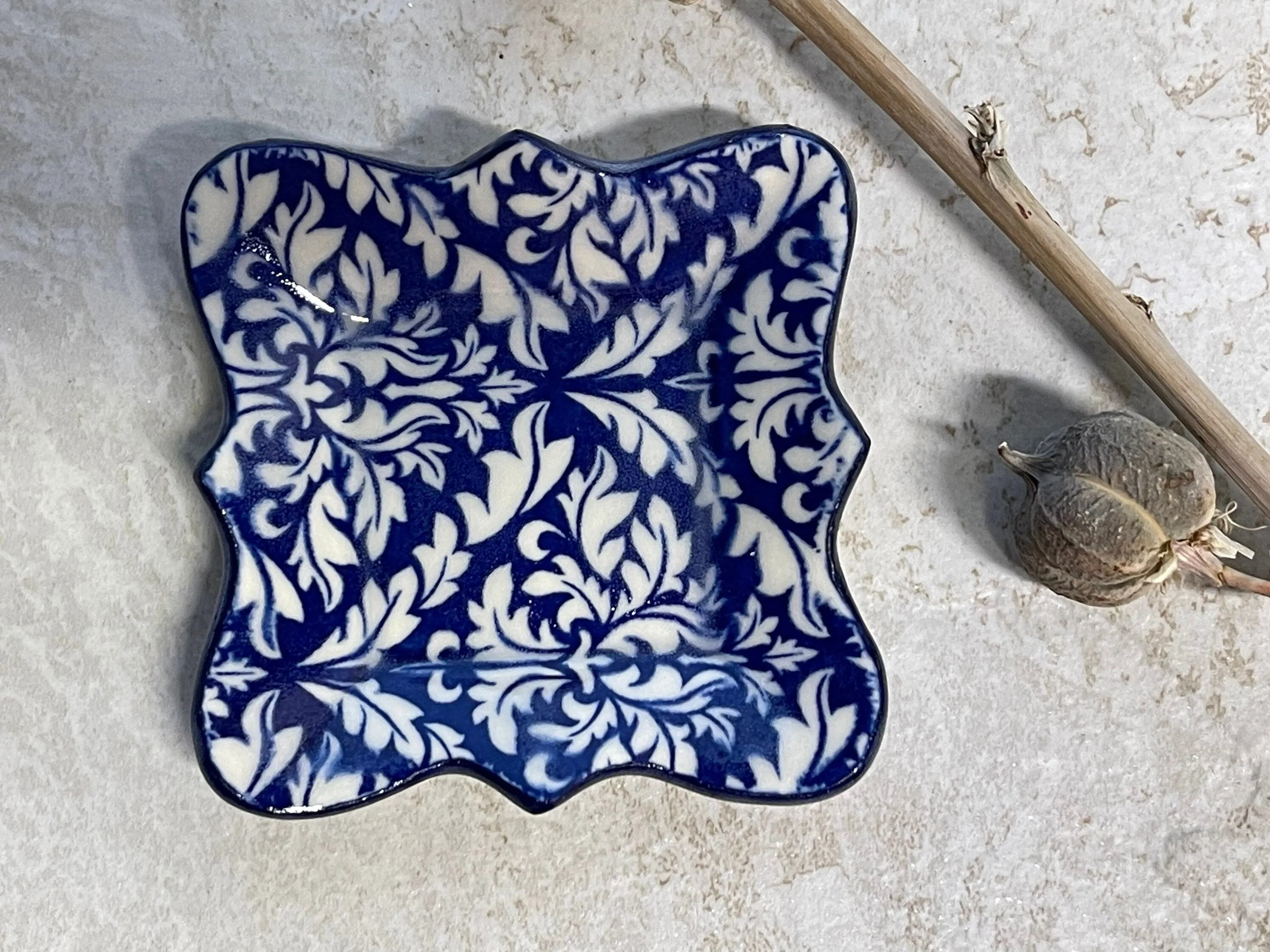 Damask Dish, Womens Jewelry Storage, Blue Ring Dish, Contemporary Trinket Tray, Porcelain Tray