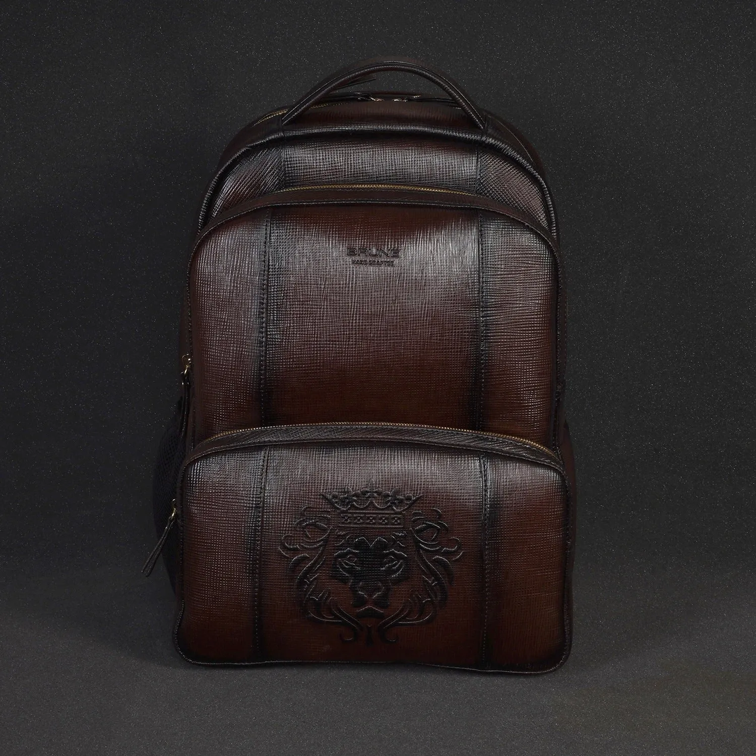 Dark Brown Saffiano Leather Backpack with Embossed Lion