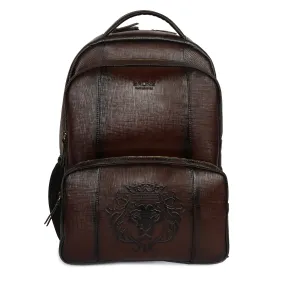 Dark Brown Saffiano Leather Backpack with Embossed Lion