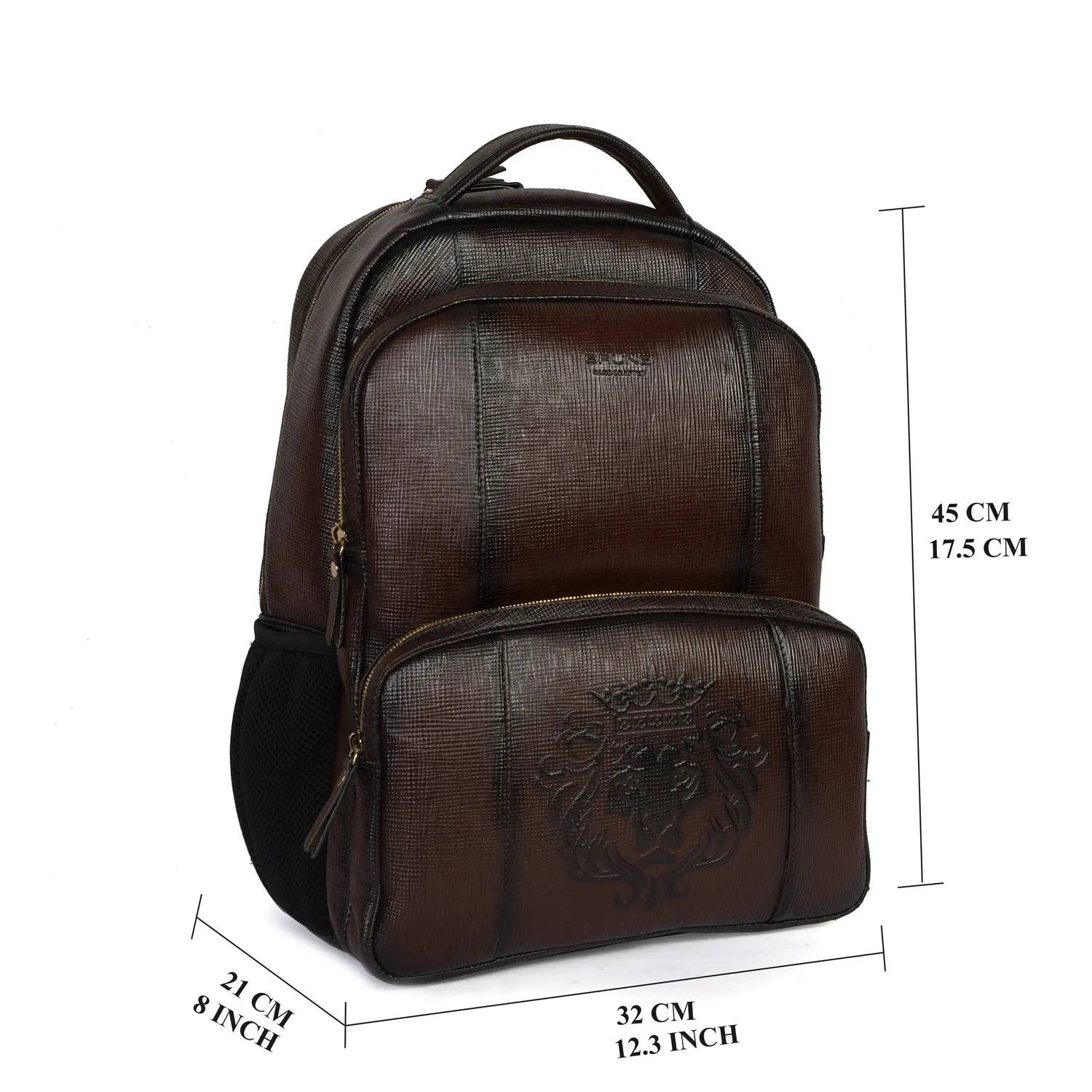 Dark Brown Saffiano Leather Backpack with Embossed Lion