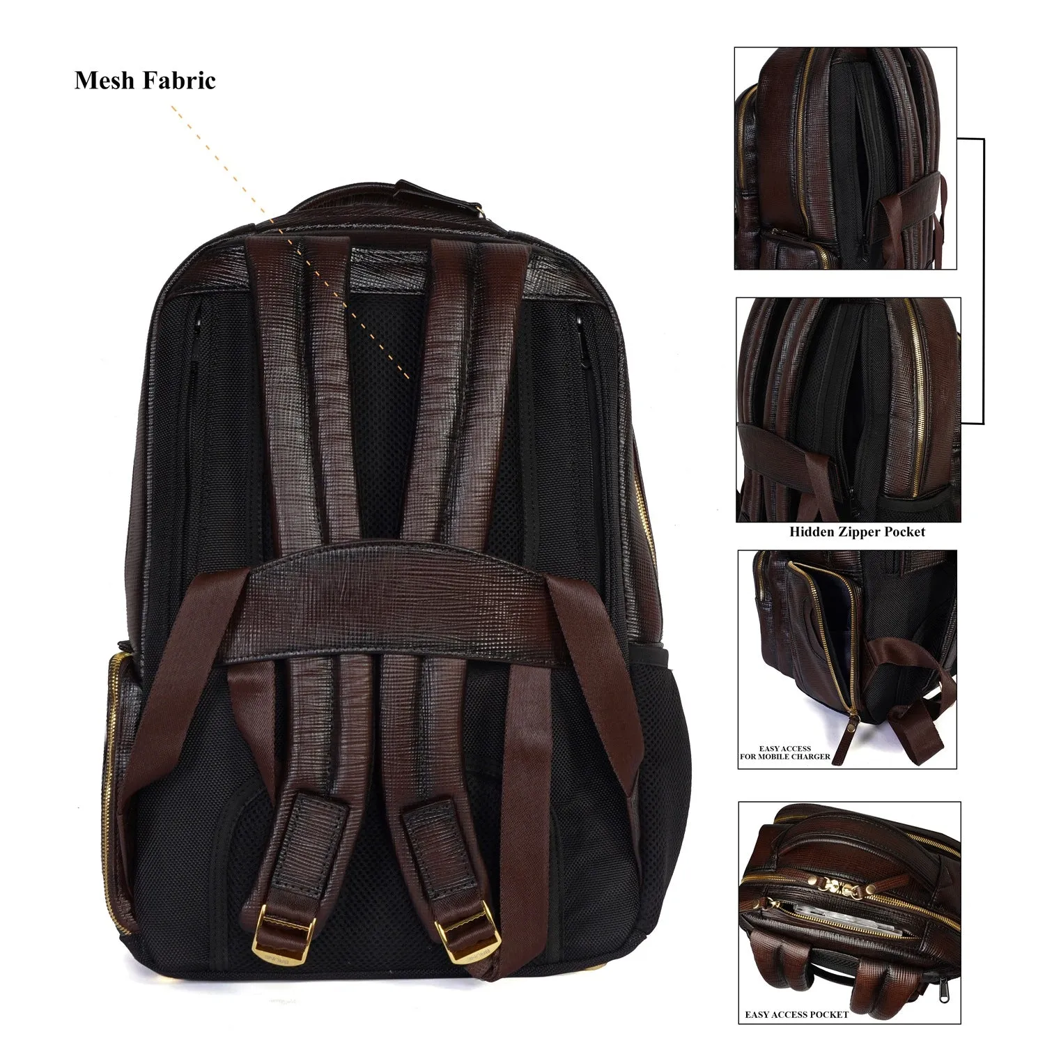 Dark Brown Saffiano Leather Backpack with Embossed Lion