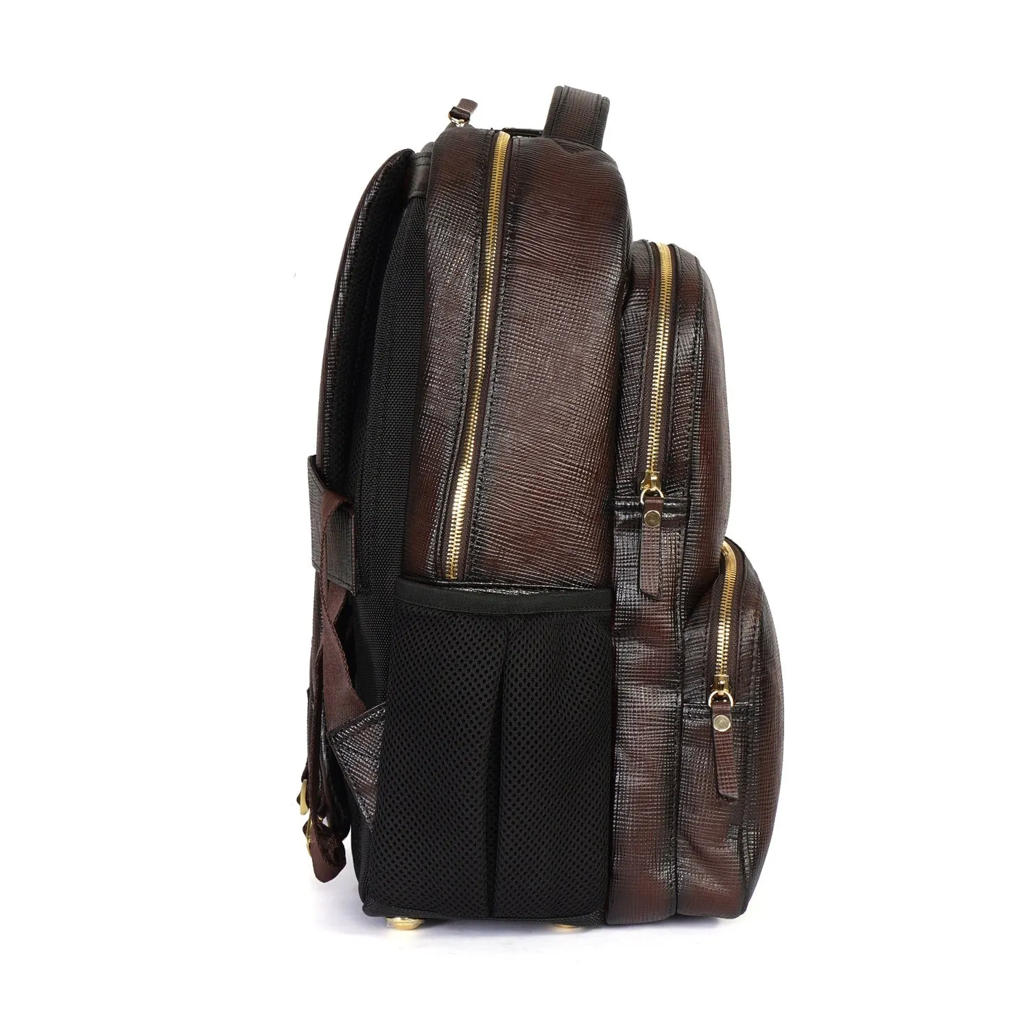 Dark Brown Saffiano Leather Backpack with Embossed Lion