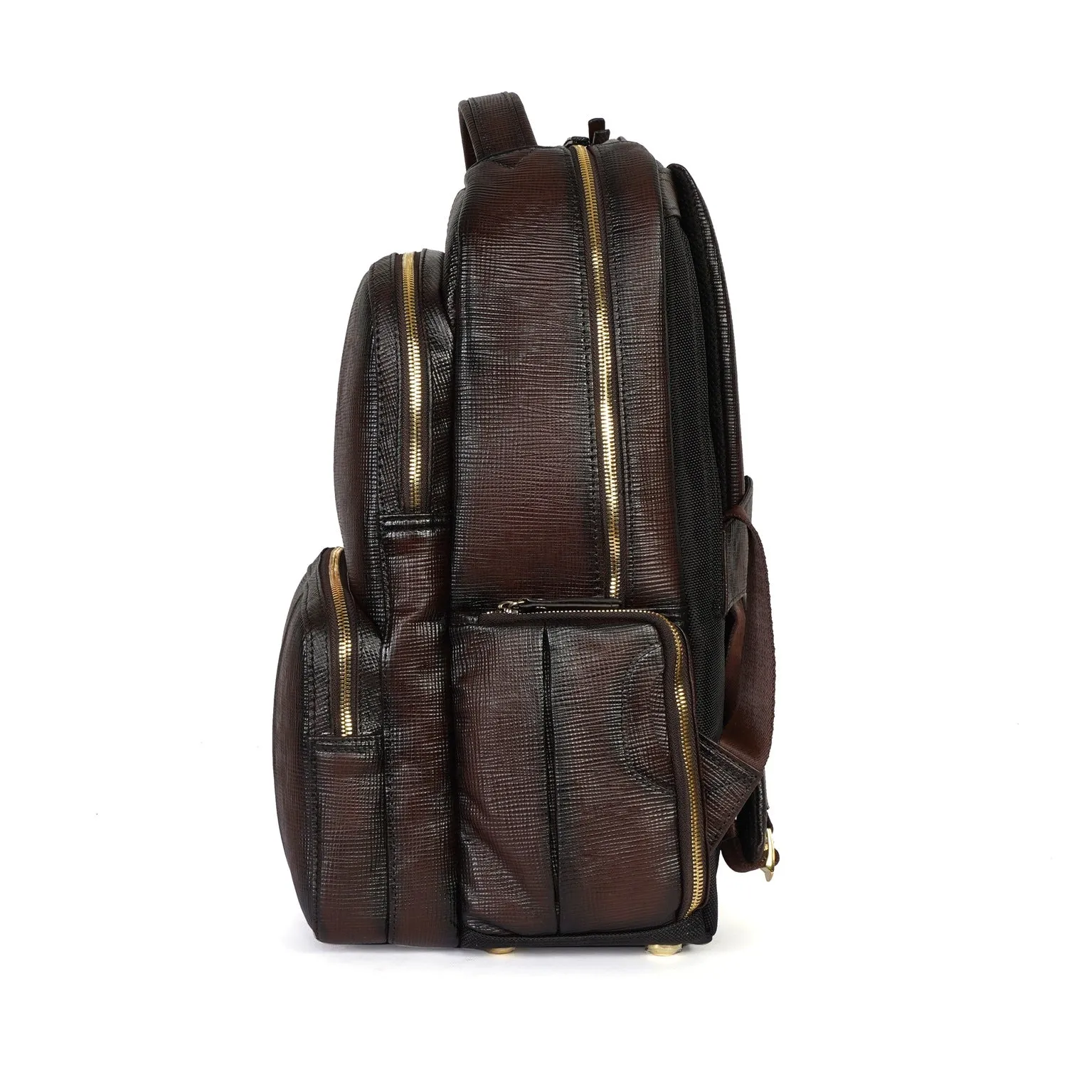 Dark Brown Saffiano Leather Backpack with Embossed Lion