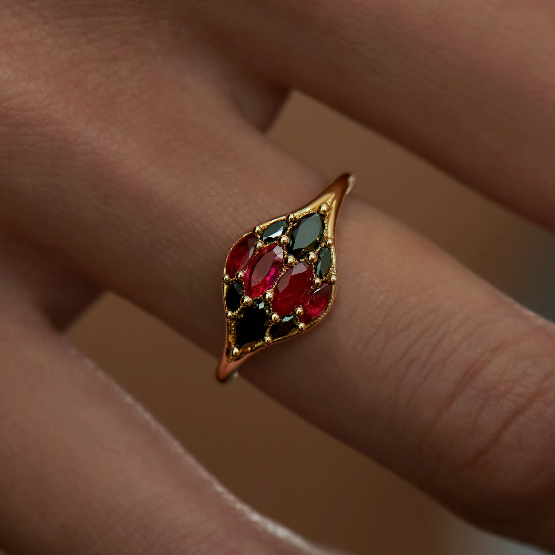 Dome Marquise Ruby & Black Diamond Ring