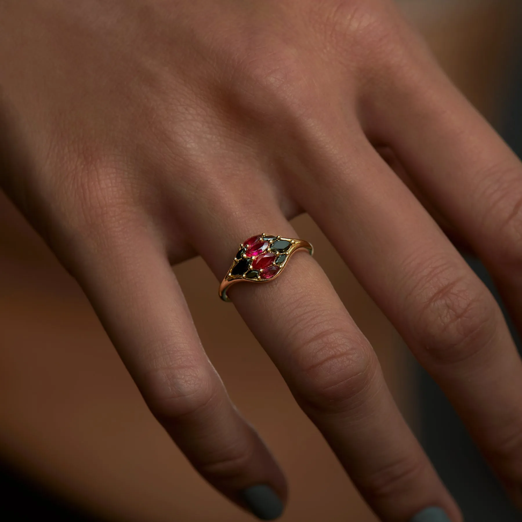 Dome Marquise Ruby & Black Diamond Ring