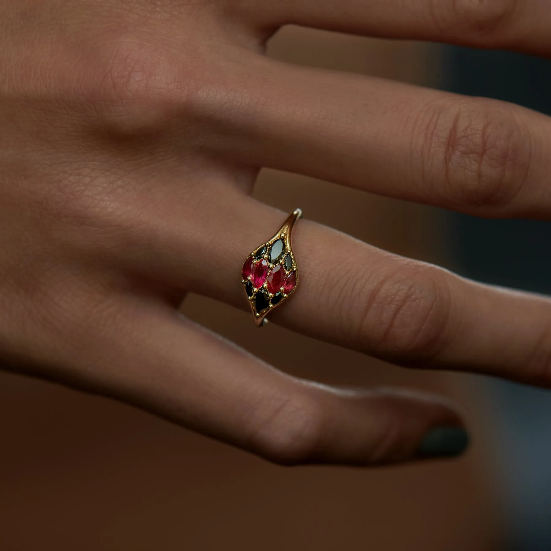 Dome Marquise Ruby & Black Diamond Ring