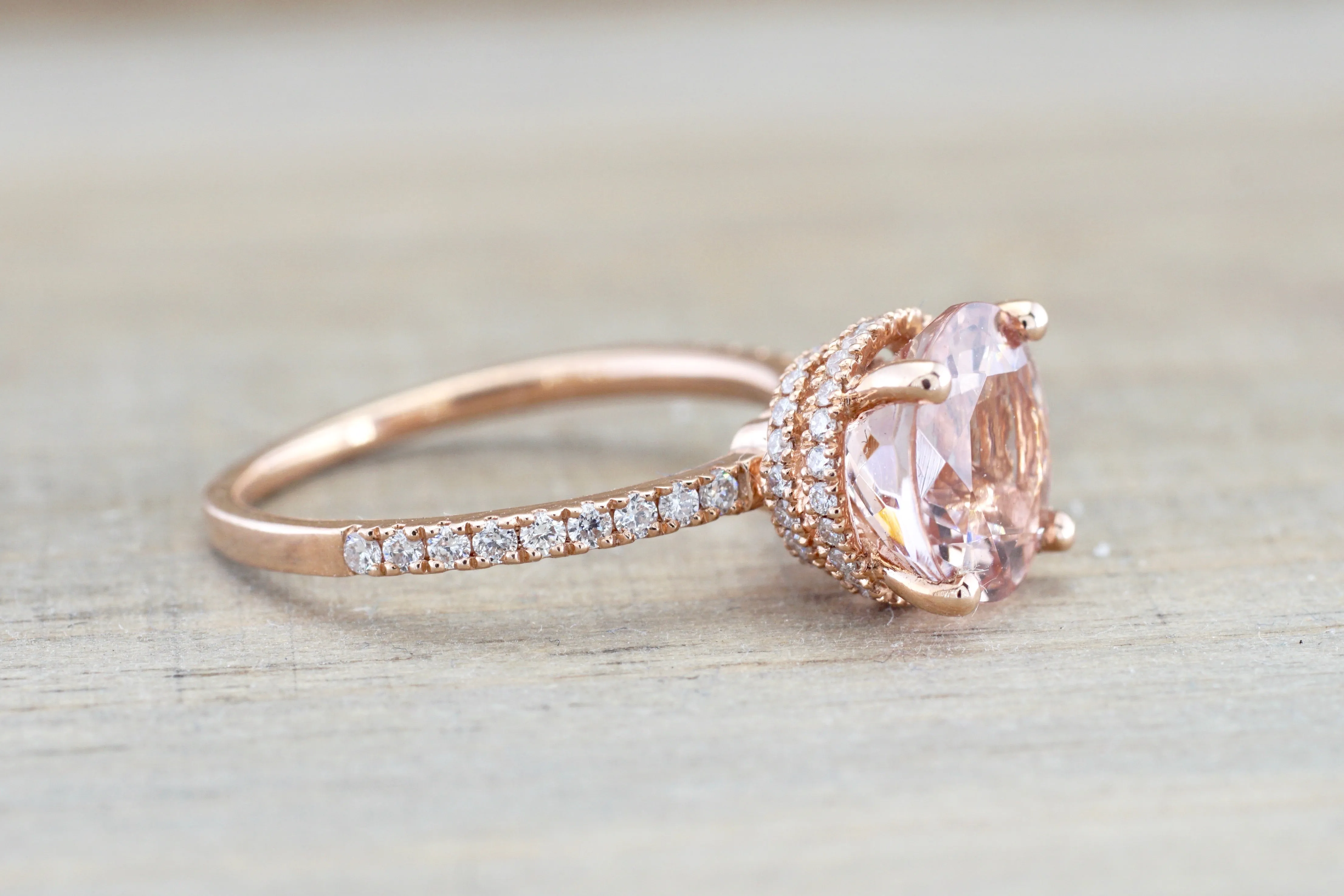 Double Row Hidden Under Halo Round Morganite Diamond Ring