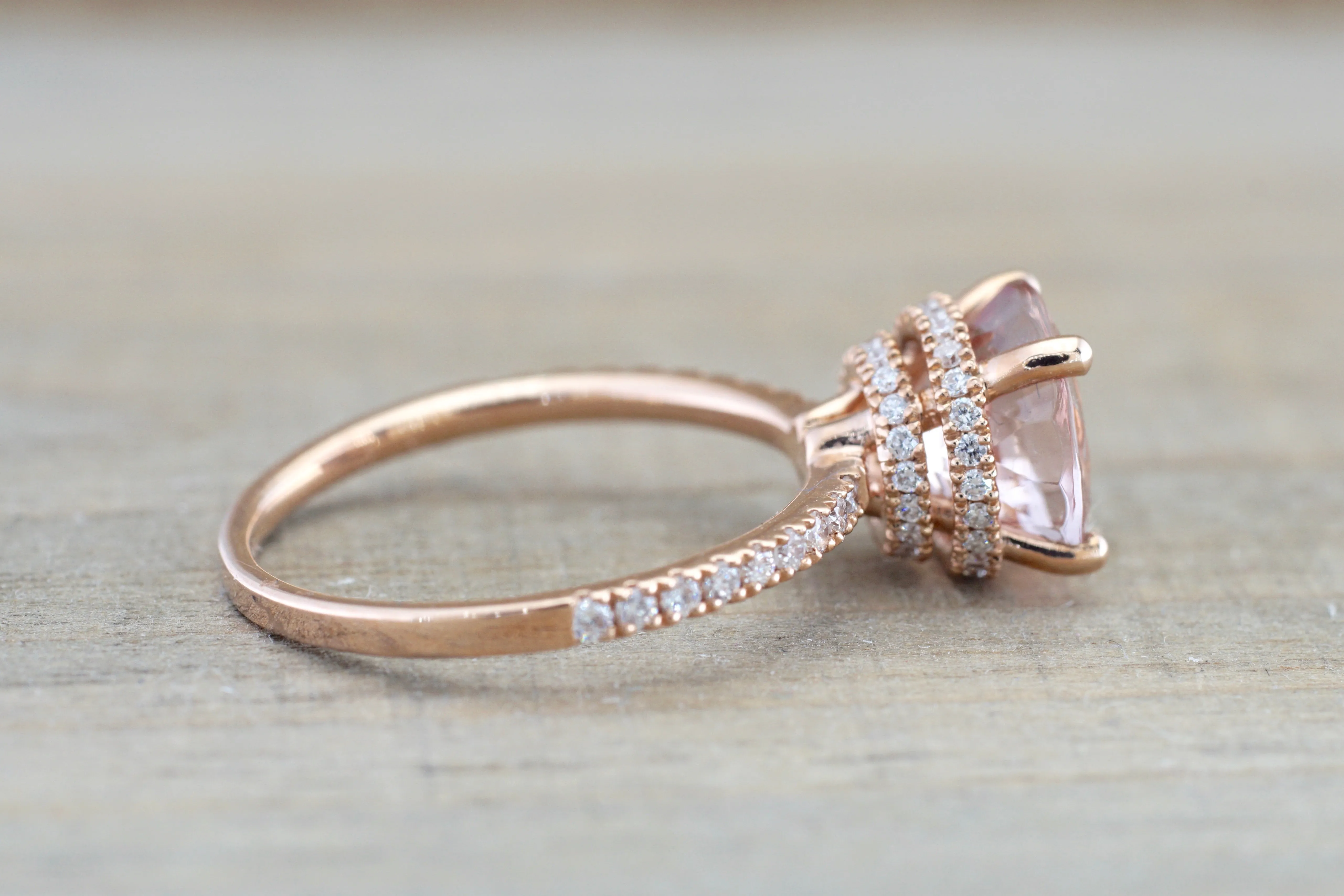 Double Row Hidden Under Halo Round Morganite Diamond Ring