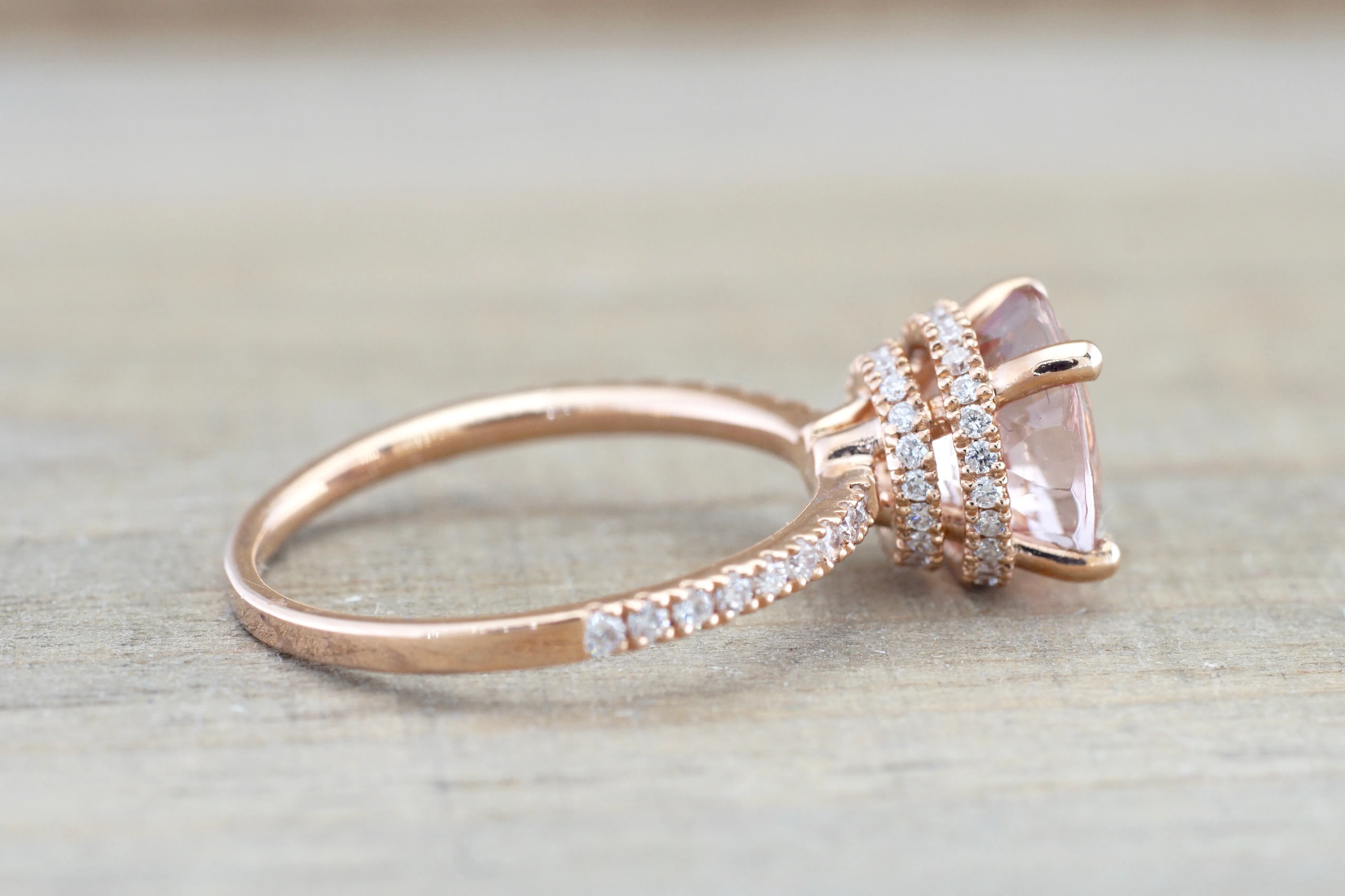 Double Row Hidden Under Halo Round Morganite Diamond Ring