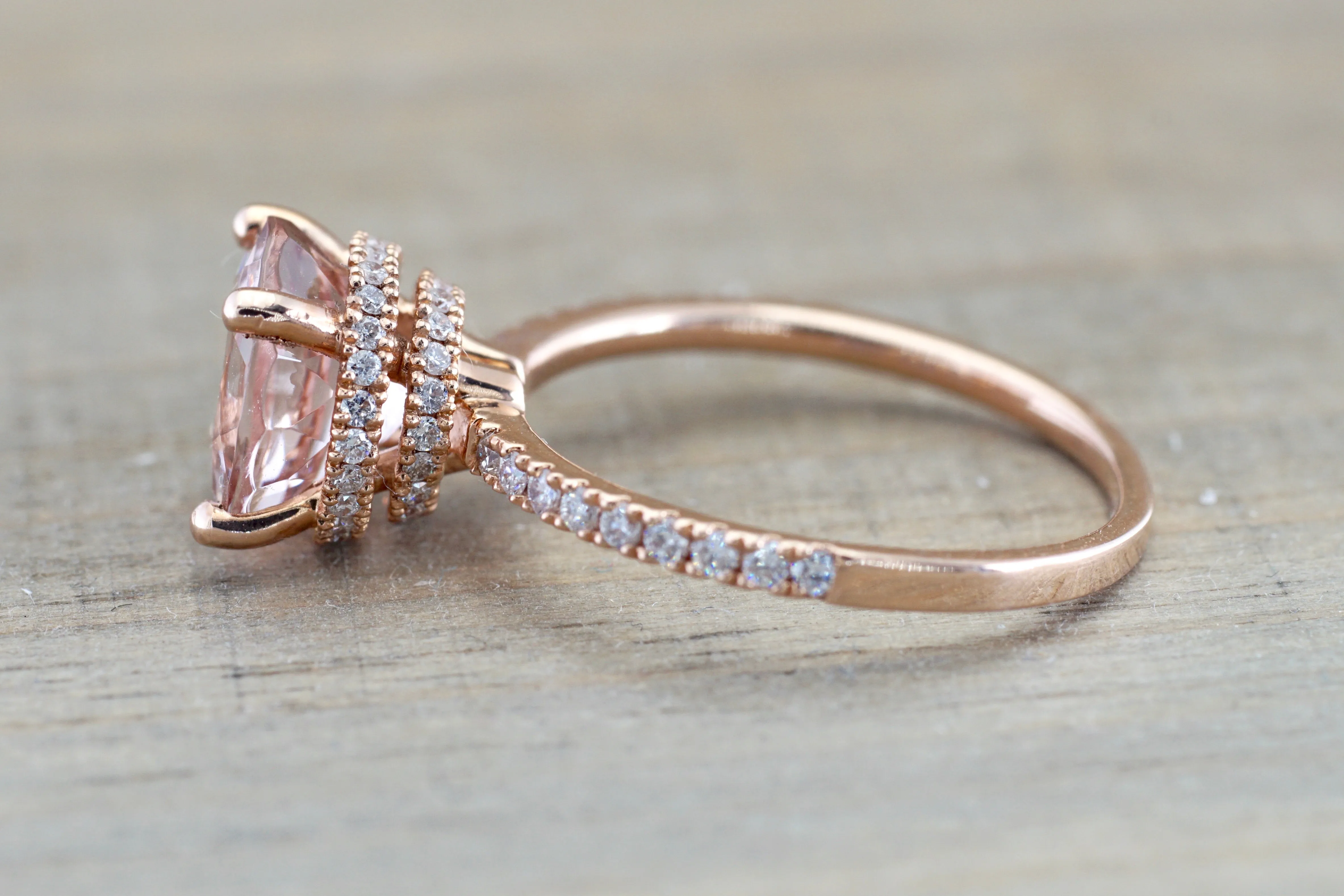 Double Row Hidden Under Halo Round Morganite Diamond Ring