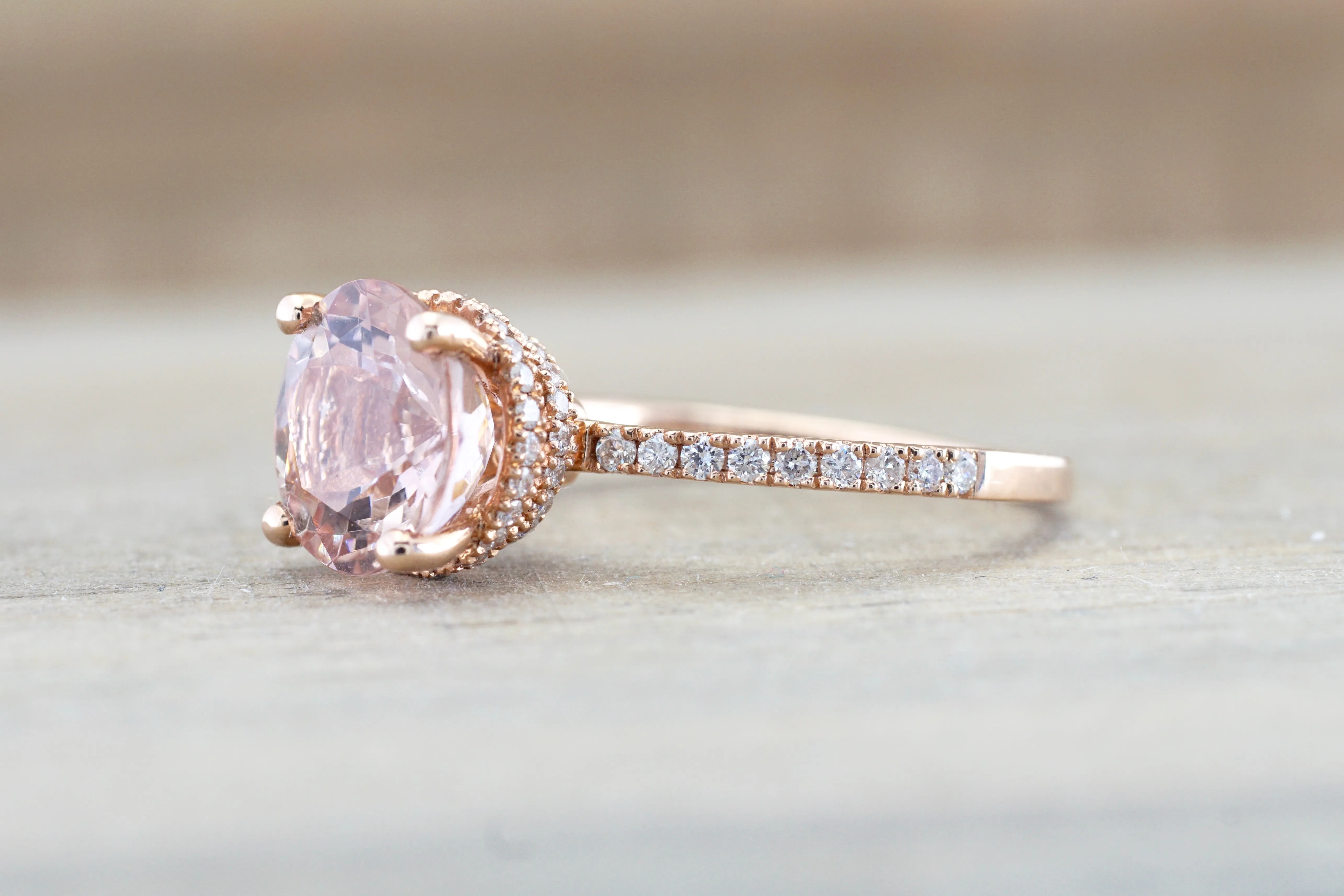 Double Row Hidden Under Halo Round Morganite Diamond Ring