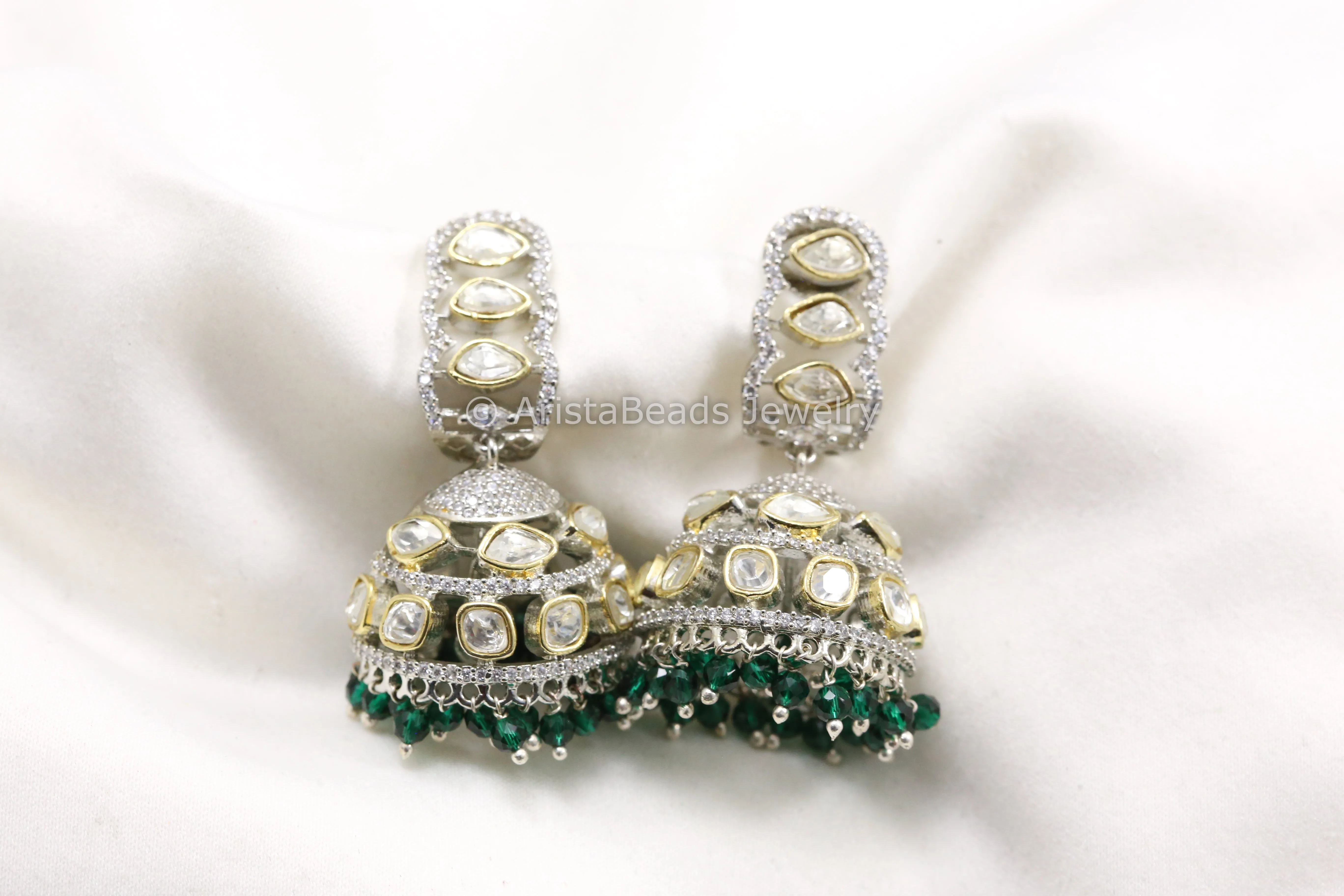 Dual Tone CZ & Uncut Polki Jhumka - Green