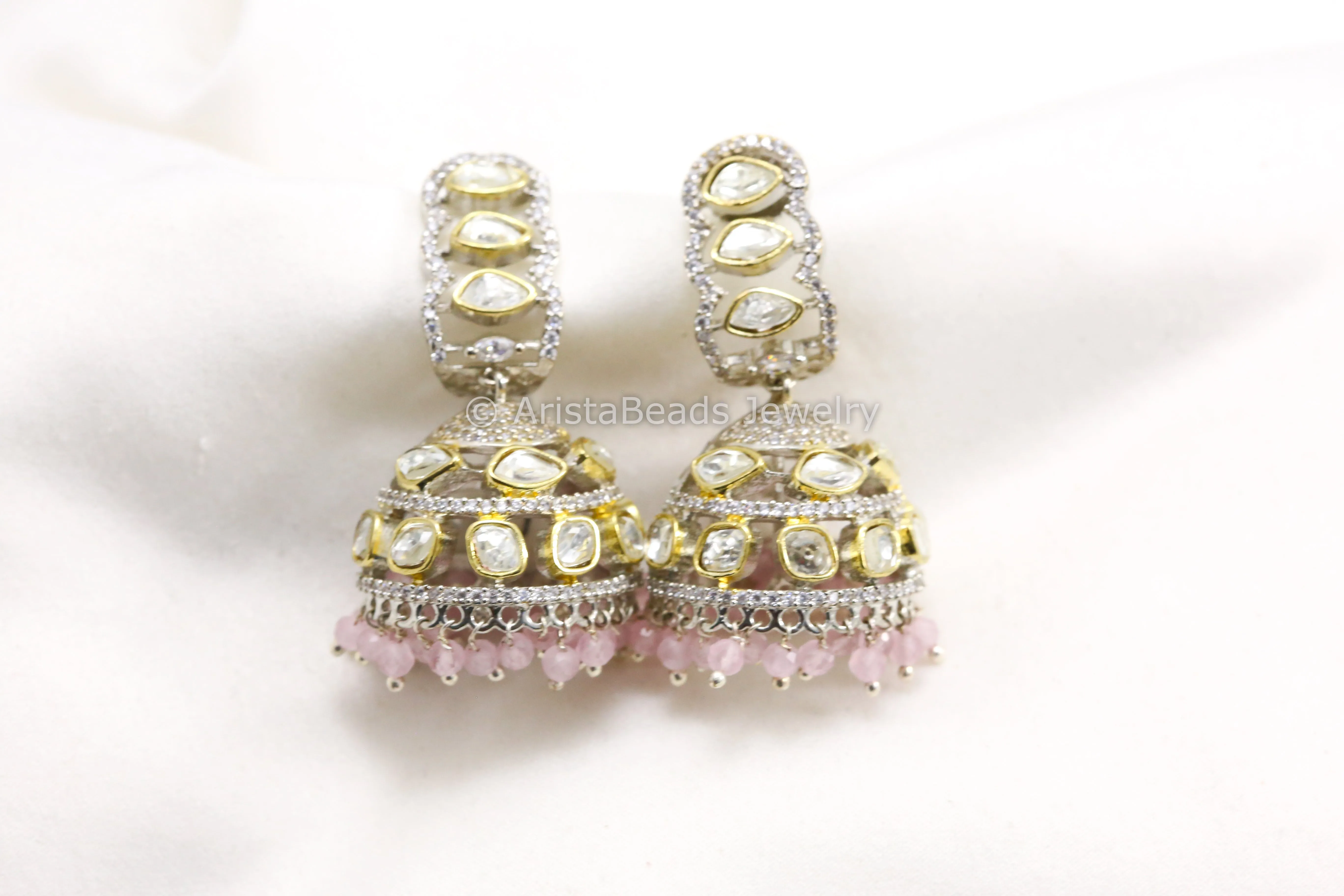 Dual Tone CZ & Uncut Polki Jhumka - Pink