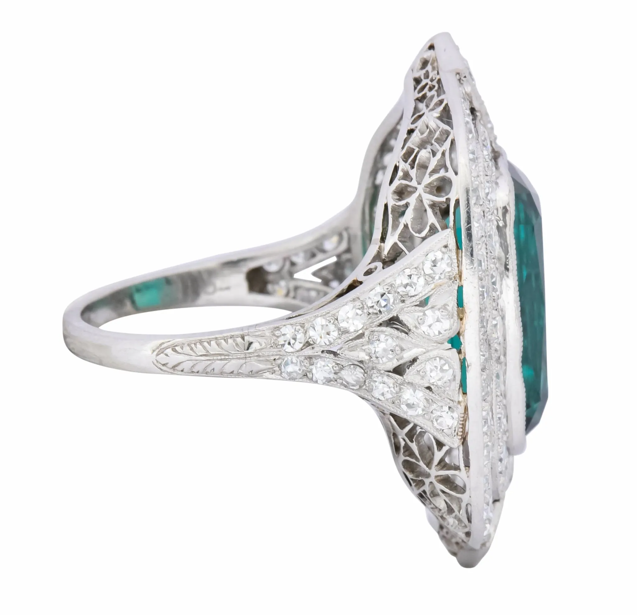 Edwardian 9.90 CTW Green Tourmaline Diamond Platinum Belle Epoque Ring